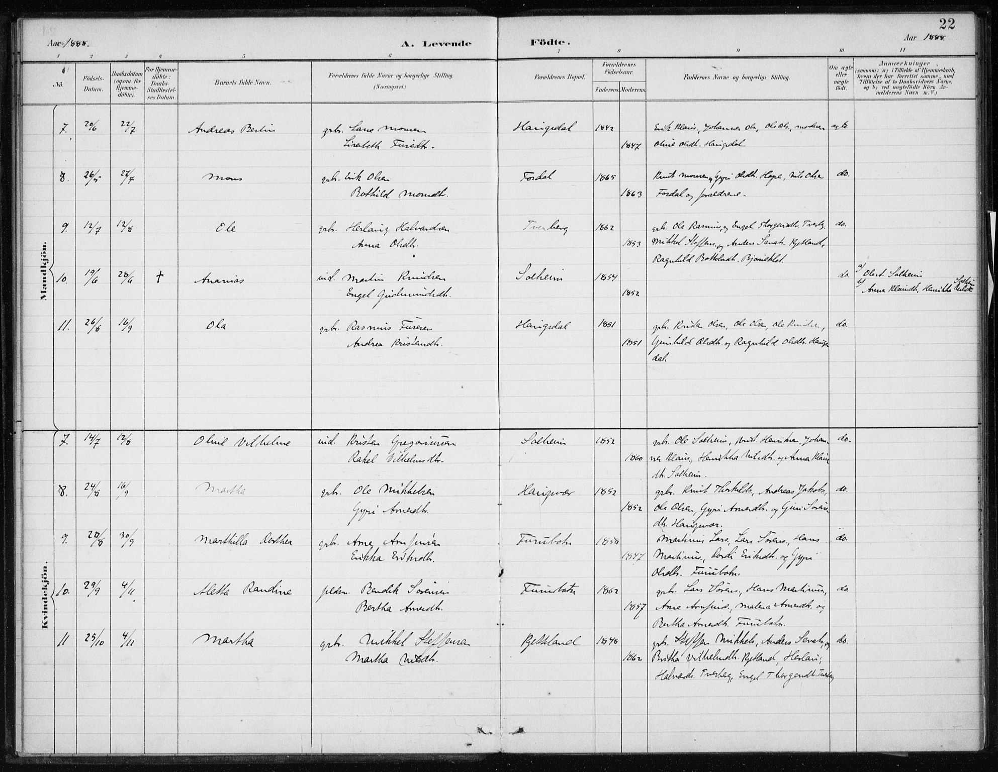 Masfjorden Sokneprestembete, AV/SAB-A-77001: Ministerialbok nr. C  1, 1882-1896, s. 22