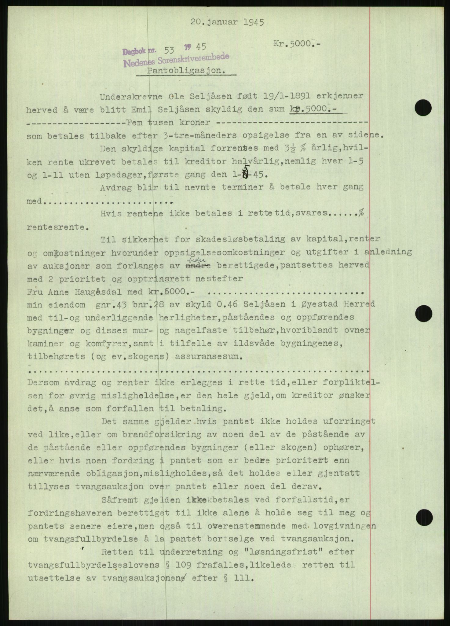 Nedenes sorenskriveri, SAK/1221-0006/G/Gb/Gbb/L0002: Pantebok nr. II, 1942-1945, Dagboknr: 53/1945