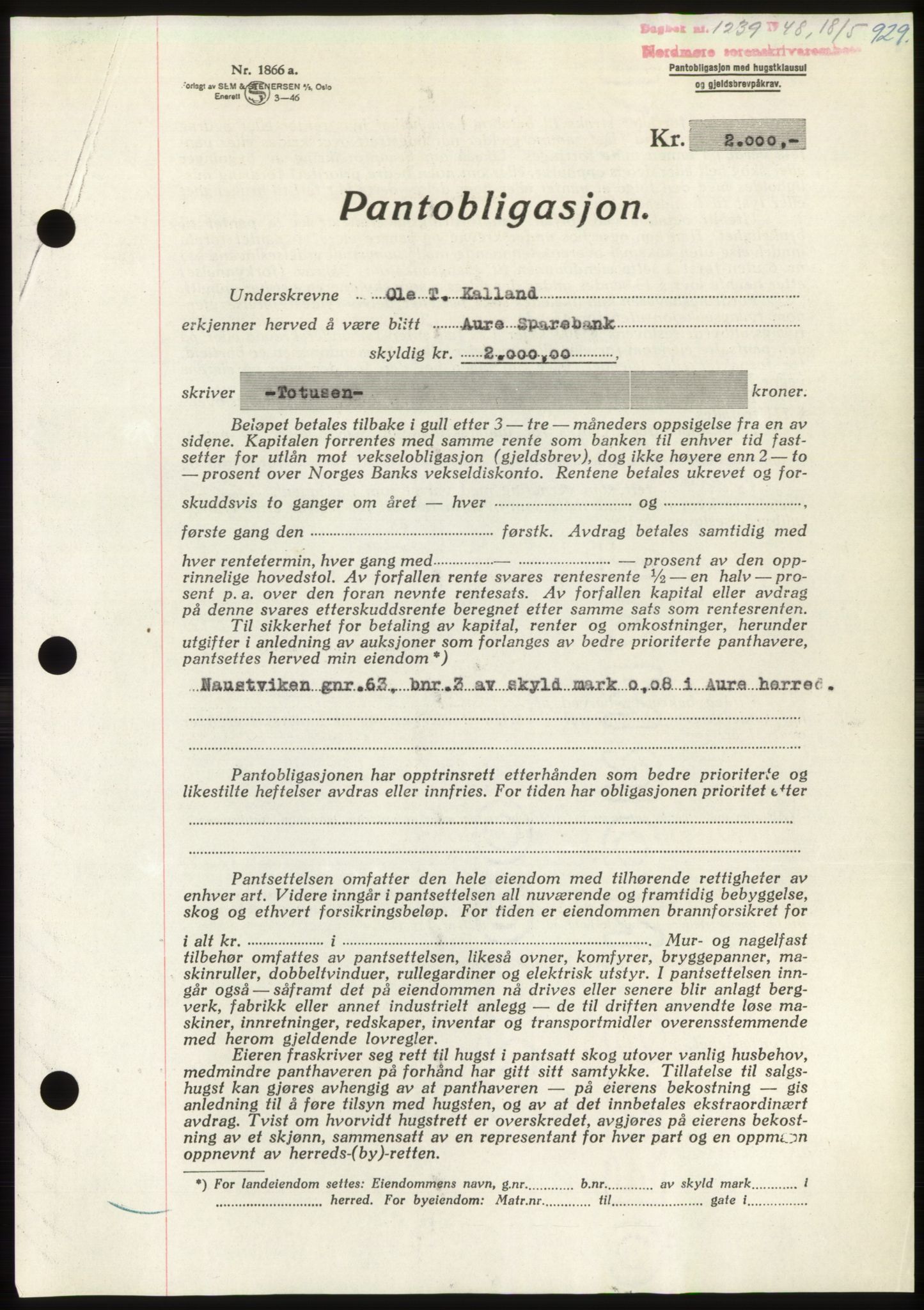 Nordmøre sorenskriveri, SAT/A-4132/1/2/2Ca: Pantebok nr. B98, 1948-1948, Dagboknr: 1239/1948