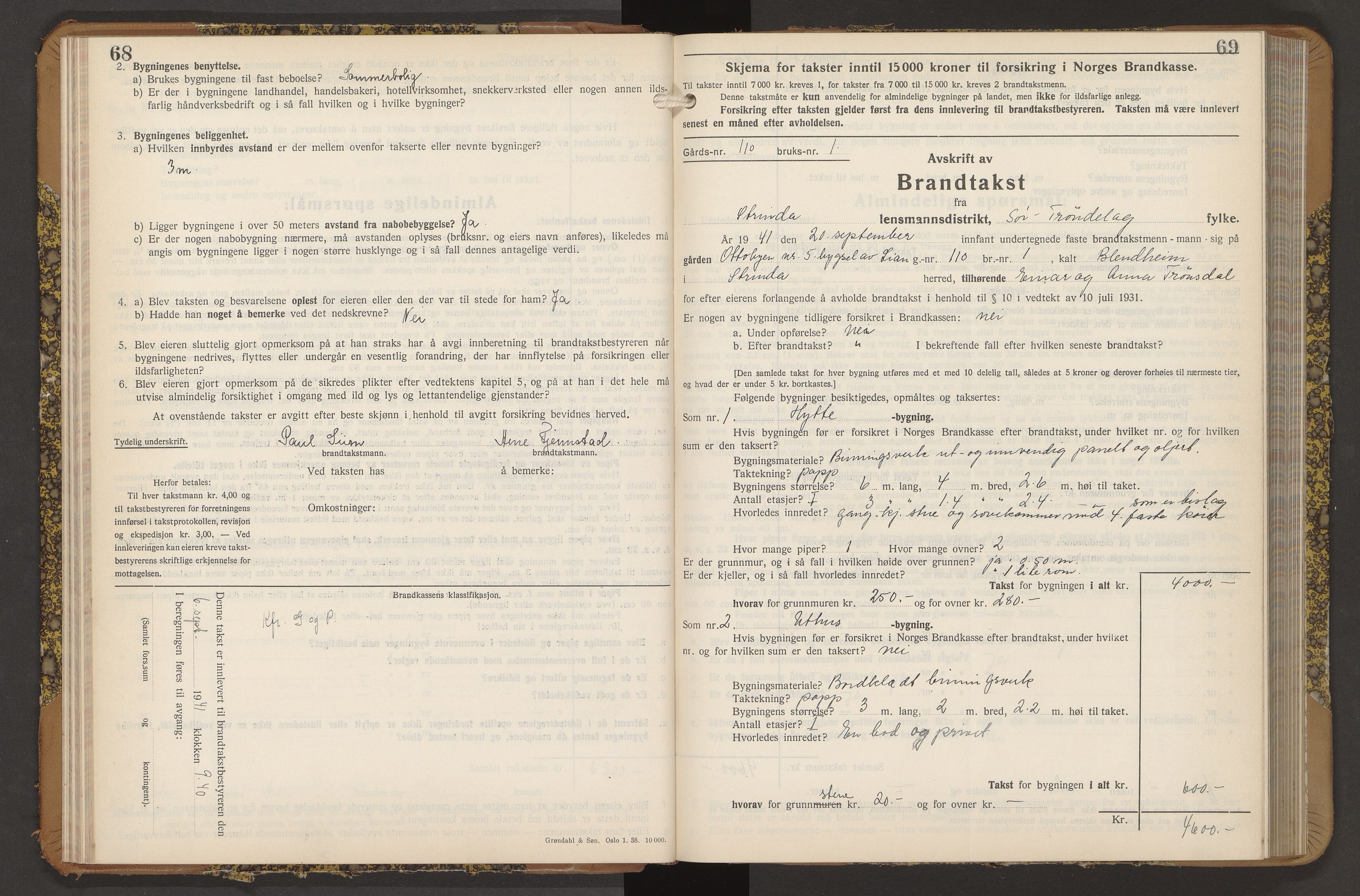 Norges Brannkasse Strinda, AV/SAT-A-5516/Fb/L0009: Branntakstprotokoll, 1940-1946, s. 68-69