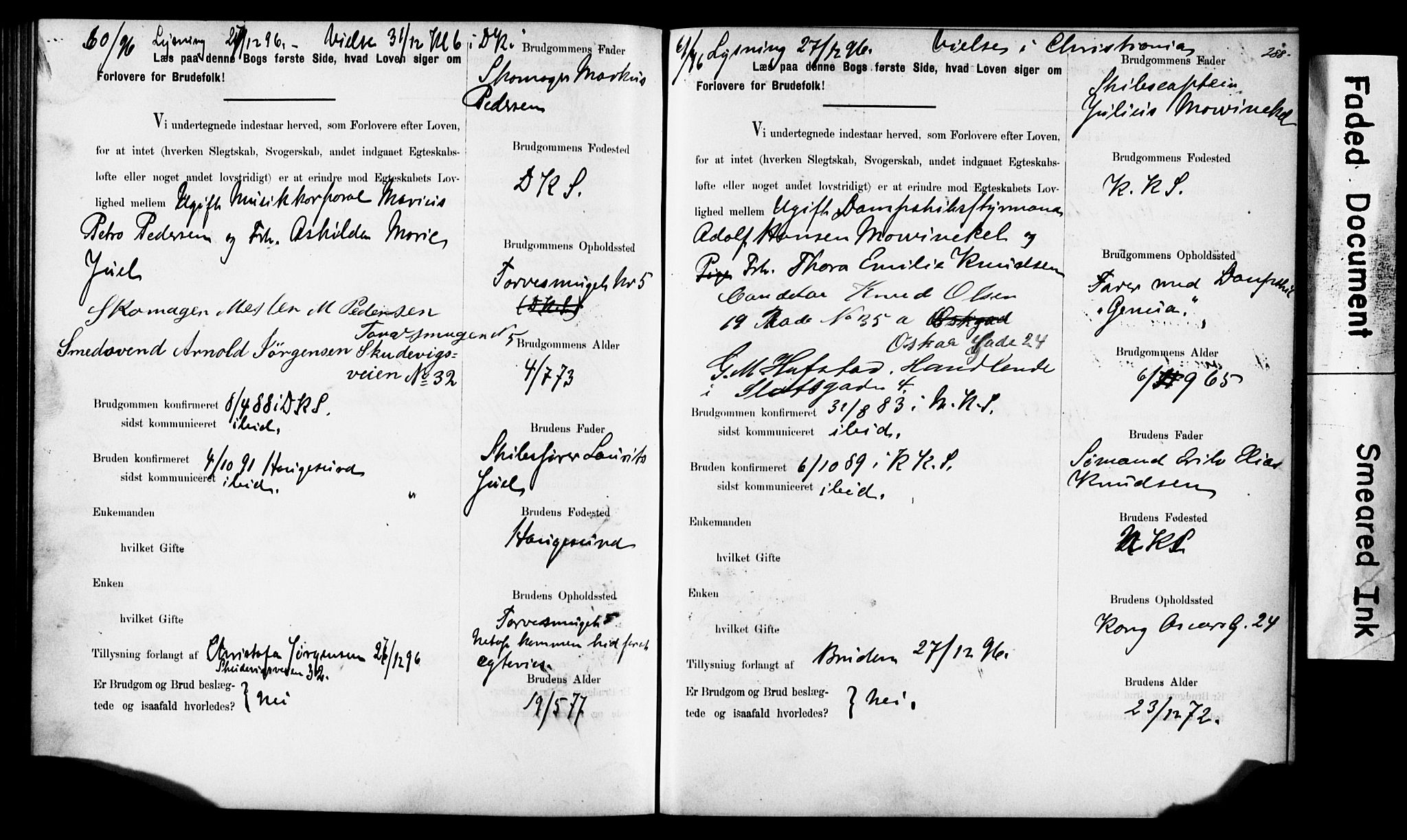 Korskirken sokneprestembete, SAB/A-76101: Forlovererklæringer nr. II.5.6, 1889-1898, s. 288