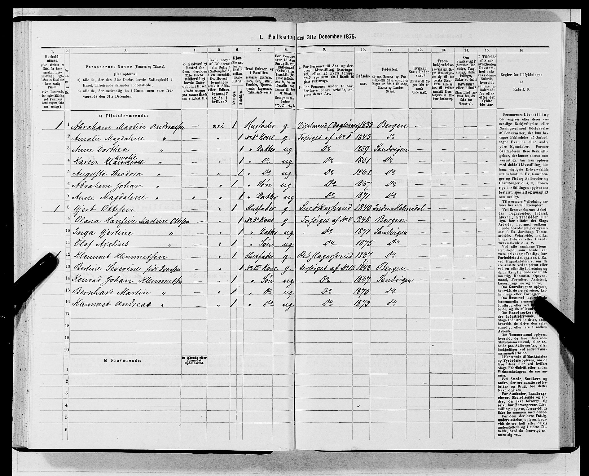 SAB, Folketelling 1875 for 1281L Bergen landdistrikt, Domkirkens landsokn og Sandvikens landsokn, 1875, s. 162