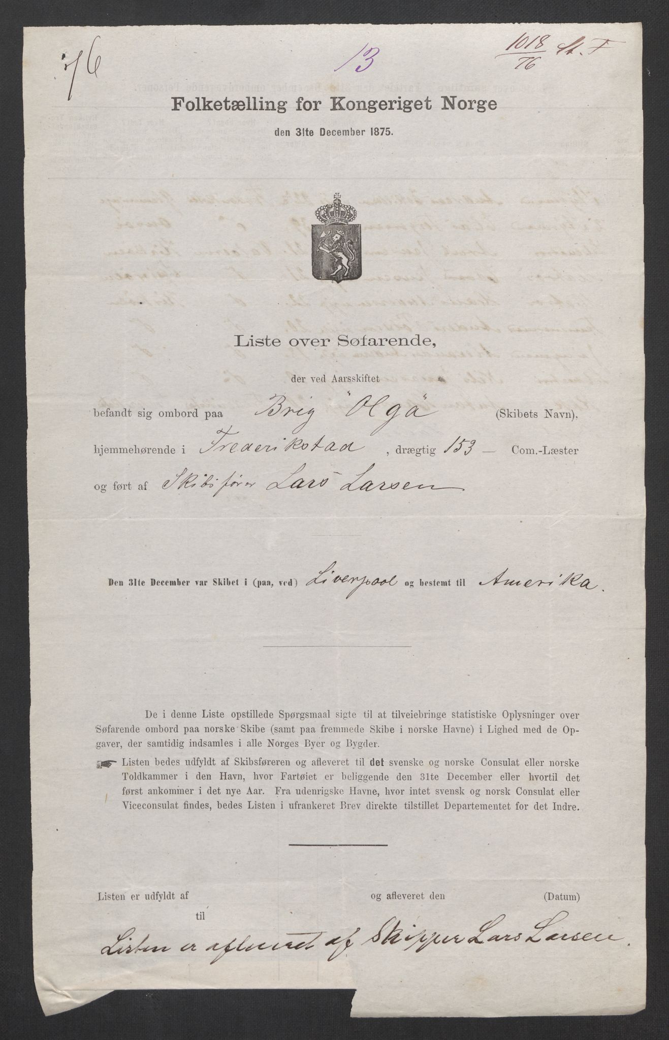 RA, Folketelling 1875, skipslister: Skip i utenrikske havner, hjemmehørende i byer og ladesteder, Fredrikshald - Arendal, 1875, s. 62