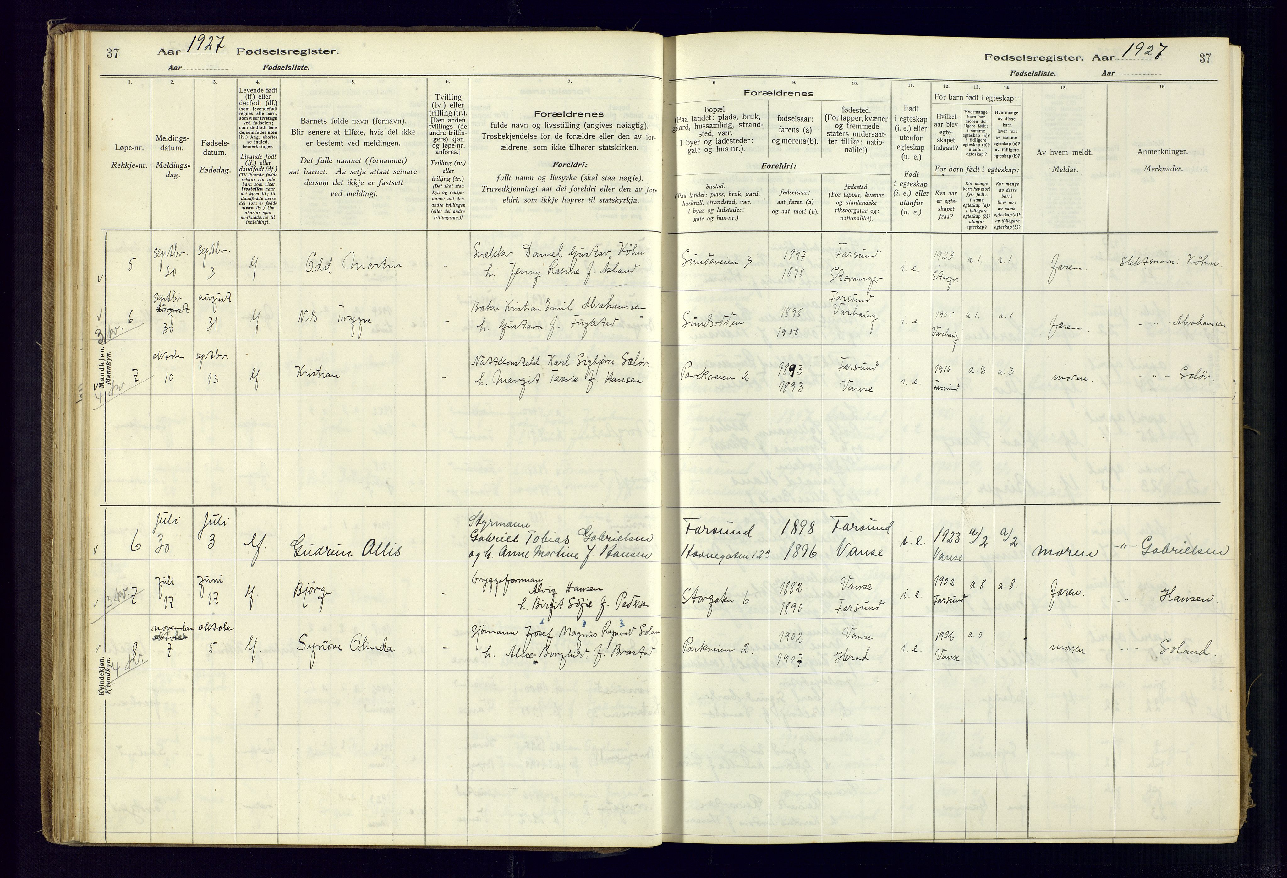 Farsund sokneprestkontor, SAK/1111-0009/J/Ja/L0001: Fødselsregister nr. A-VI-8, 1916-1950, s. 37