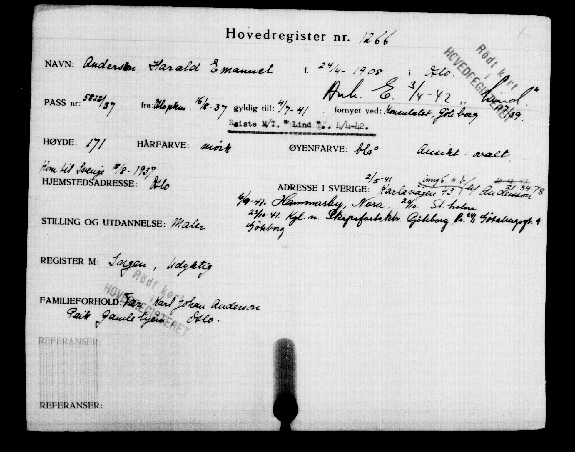 Utenriksstasjonene, Legasjonen i Stockholm, Flyktningkontoret, AV/RA-S-6753/V/Va/L0002: Kjesäterkartoteket, flyktninger med registreringsnr. 1001-2000, 1940-1945, s. 387