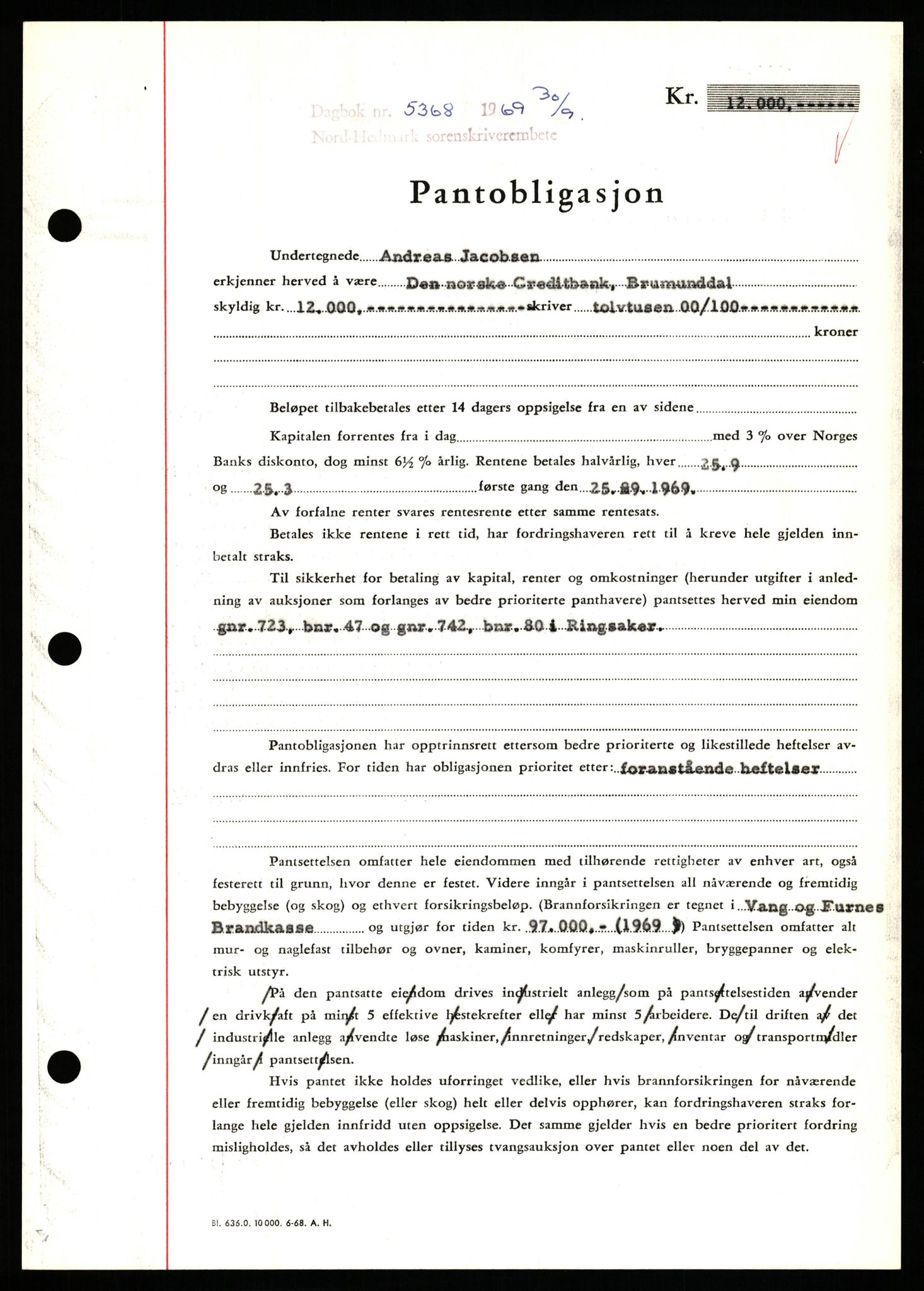 Nord-Hedmark sorenskriveri, SAH/TING-012/H/Hb/Hbf/L0081: Pantebok nr. B81, 1969-1969, Dagboknr: 5368/1969