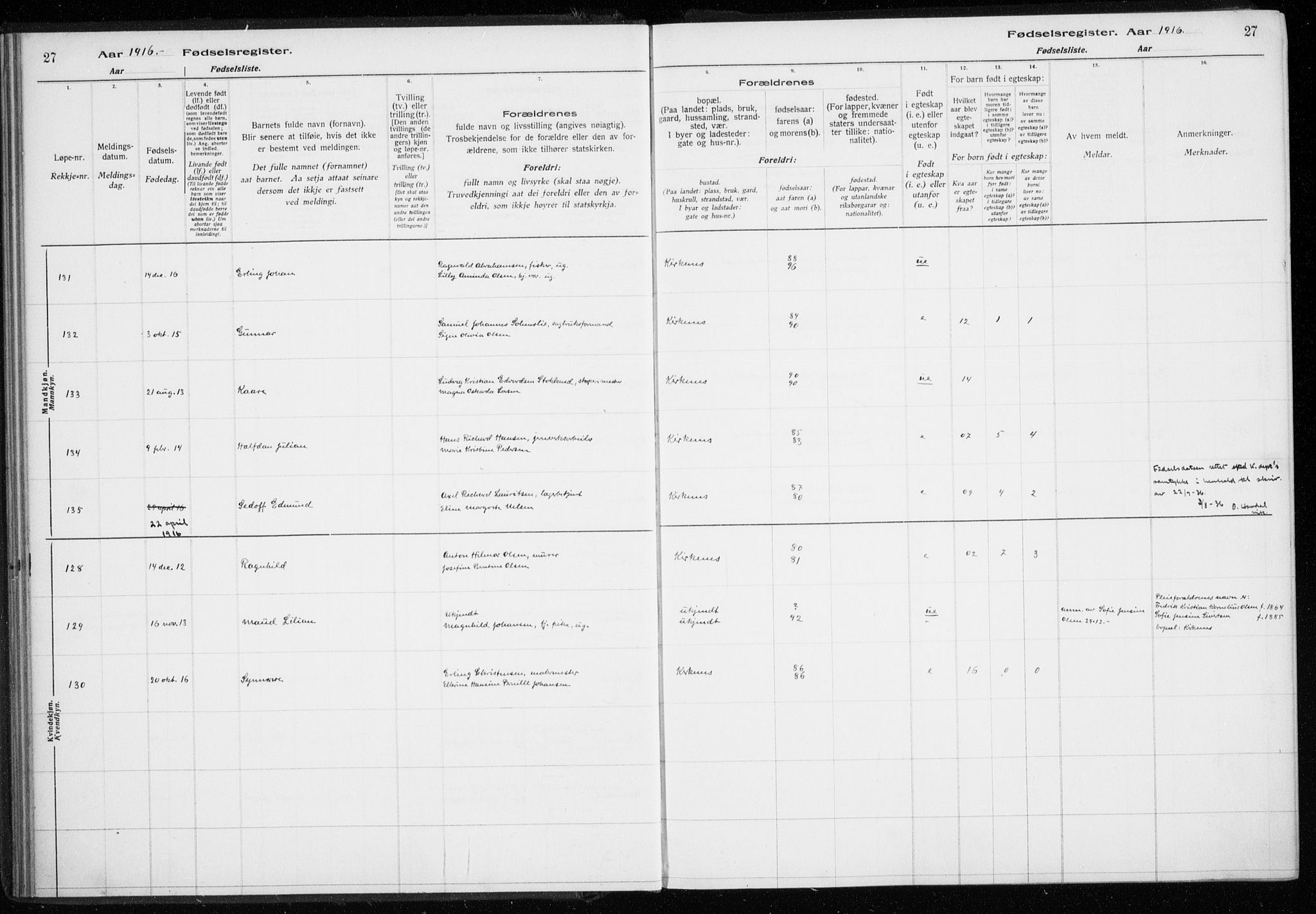Sør-Varanger sokneprestkontor, AV/SATØ-S-1331/I/Ia/L0016: Fødselsregister nr. 16, 1915-1925, s. 27