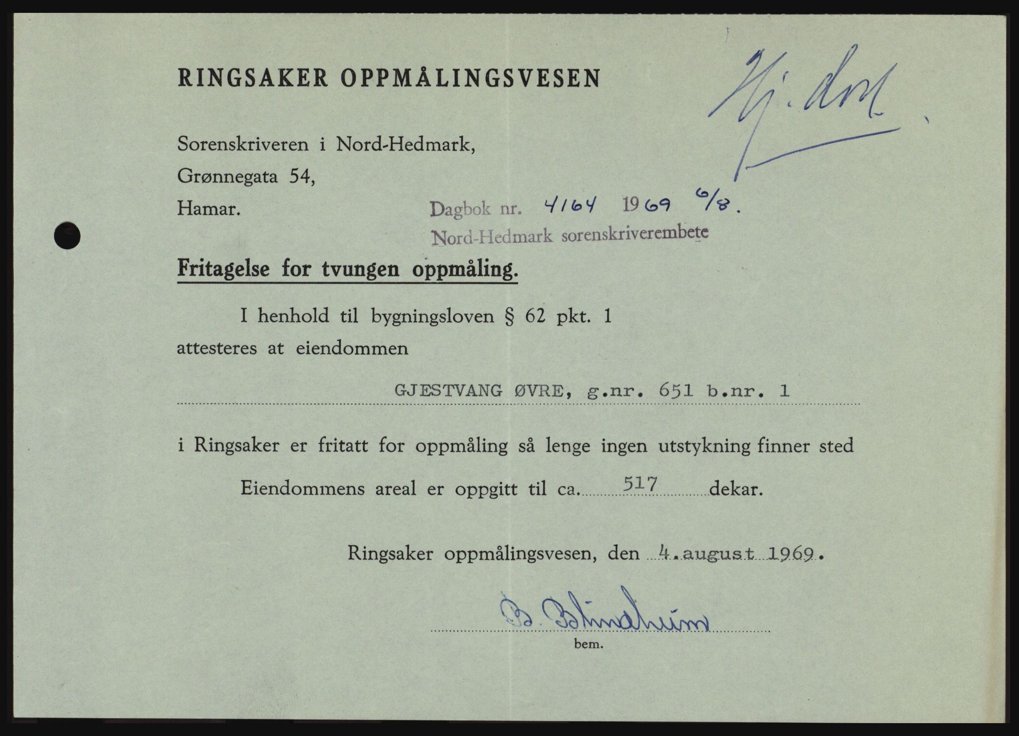 Nord-Hedmark sorenskriveri, SAH/TING-012/H/Hc/L0031: Pantebok nr. 31, 1969-1969, Dagboknr: 4164/1969