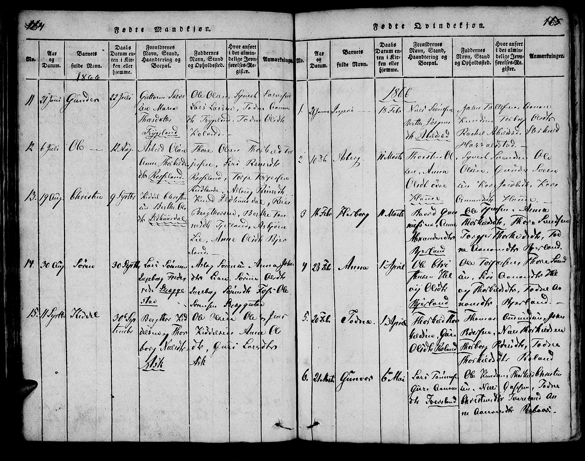Bjelland sokneprestkontor, SAK/1111-0005/F/Fa/Faa/L0002: Ministerialbok nr. A 2, 1816-1866, s. 164-165