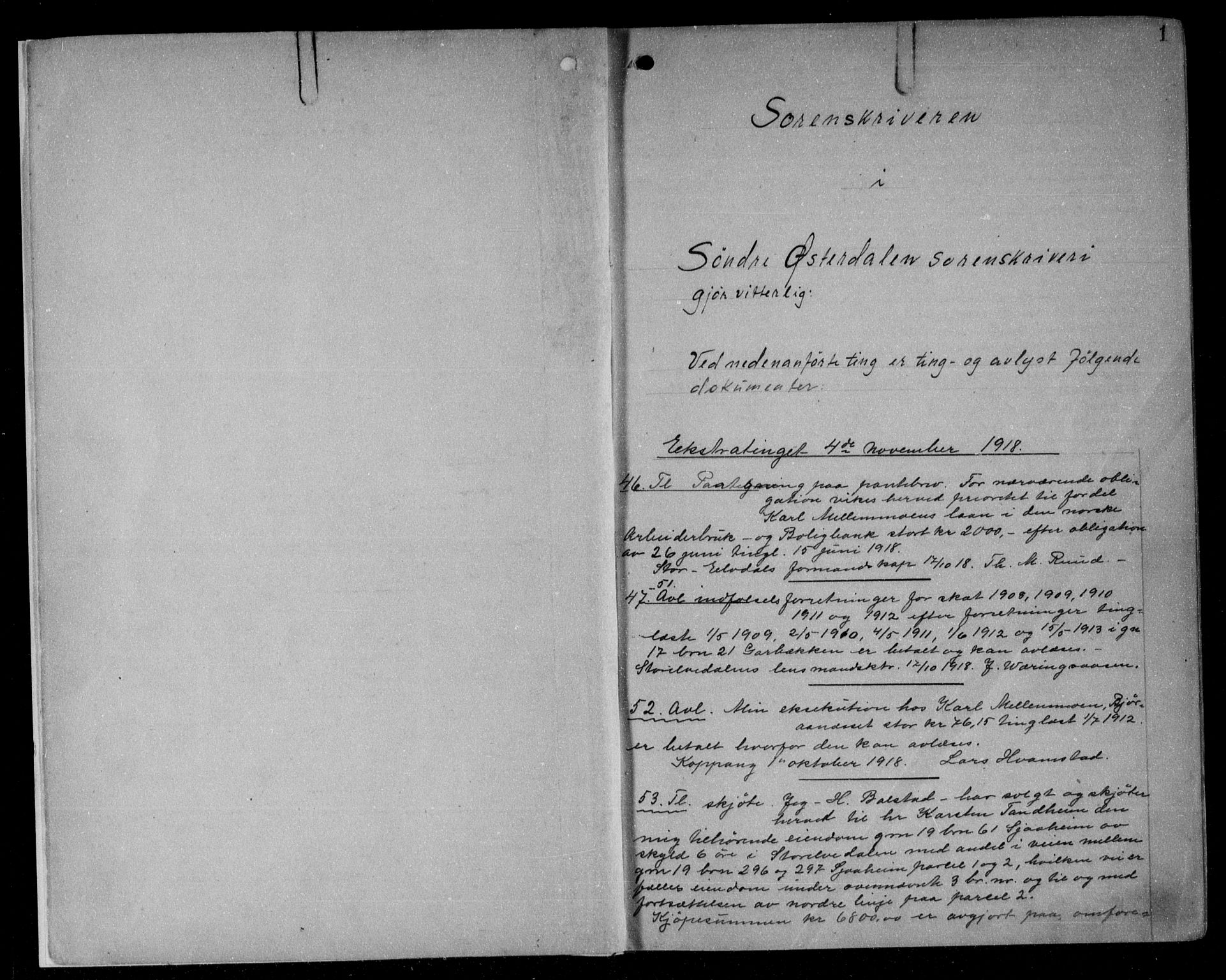 Sør-Østerdal sorenskriveri, SAH/TING-018/H/Hb/Hba/L0034: Pantebok nr. 34, 1918-1922, s. 1