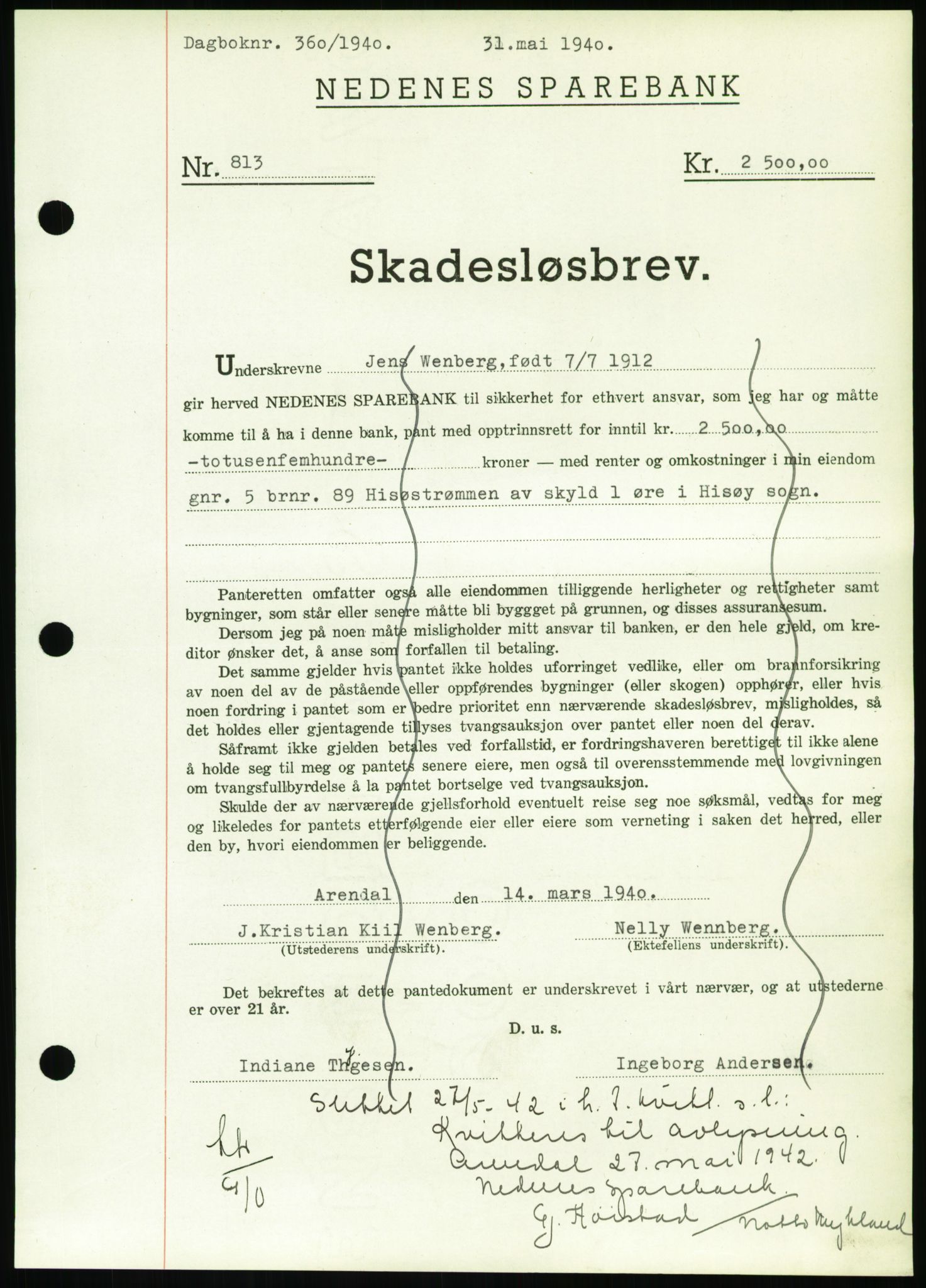 Nedenes sorenskriveri, SAK/1221-0006/G/Gb/Gbb/L0001: Pantebok nr. I, 1939-1942, Dagboknr: 360/1940