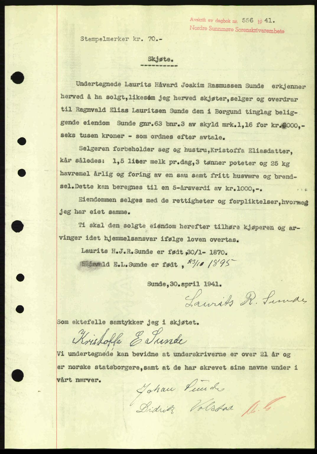 Nordre Sunnmøre sorenskriveri, SAT/A-0006/1/2/2C/2Ca: Pantebok nr. A10, 1940-1941, Dagboknr: 556/1941