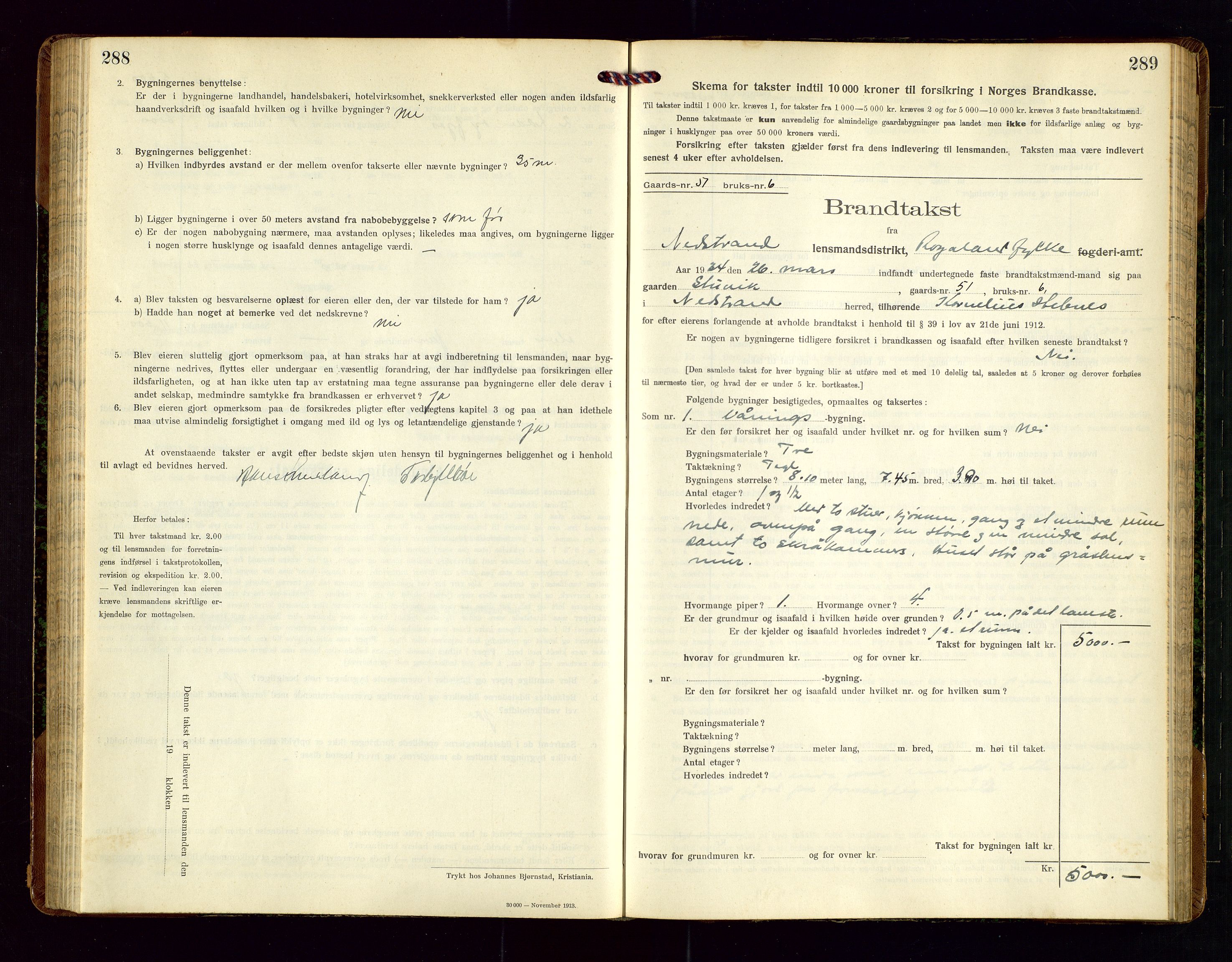 Nedstrand lensmannskontor, SAST/A-100236/Gob/L0002: "Brandtakstprotokol for Nerstrand lensmandsdistrikt Rogaland Fylke", 1916-1949, s. 288-289