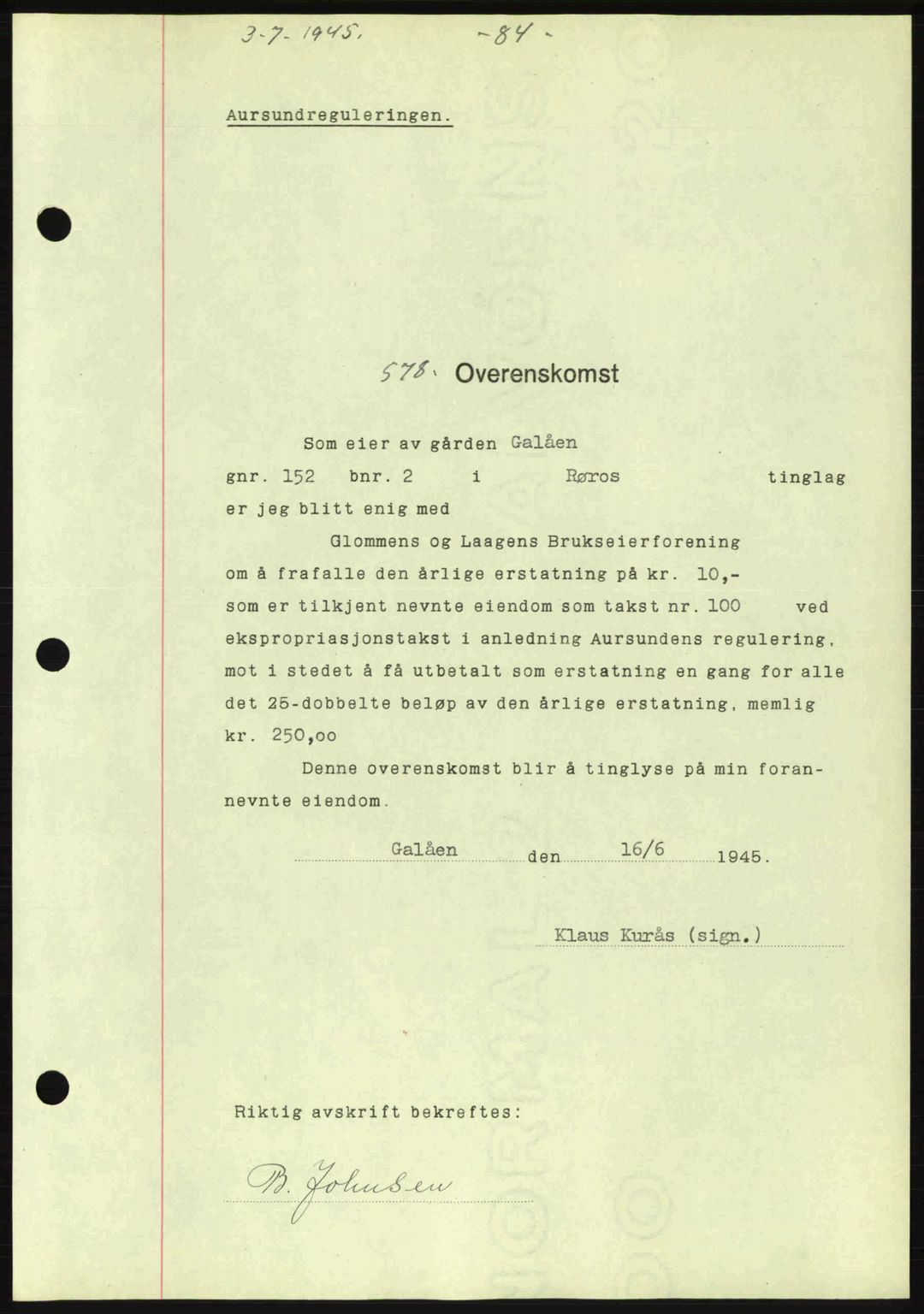 Gauldal sorenskriveri, SAT/A-0014/1/2/2C: Pantebok nr. A1a, 1945-1945, Dagboknr: 578/1945