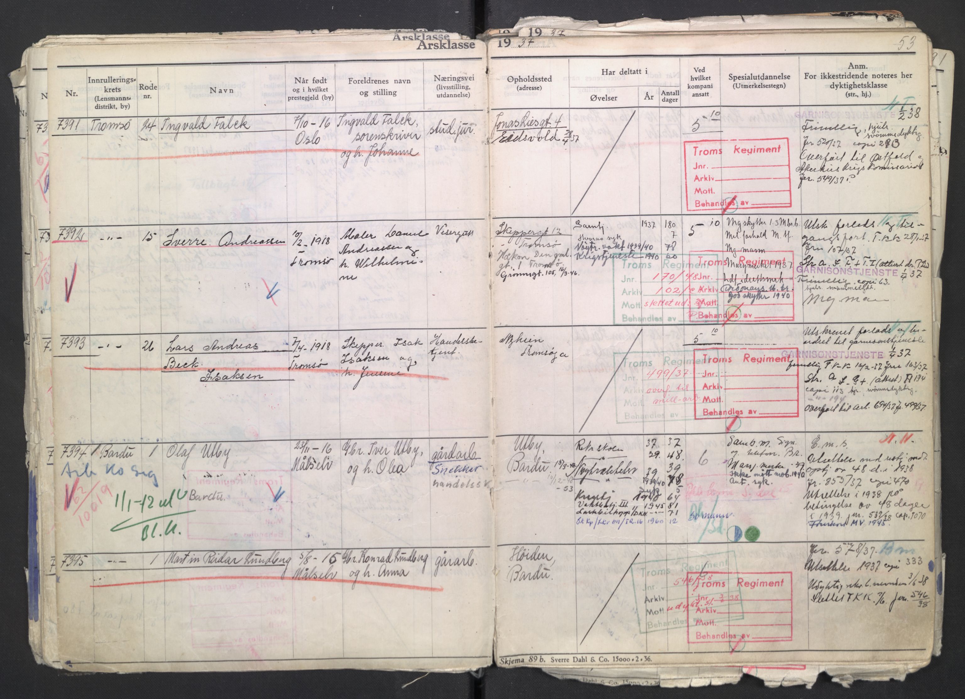 Forsvaret, Troms infanteriregiment nr. 16, AV/RA-RAFA-3146/P/Pa/L0007/0002: Ruller / Rulle for regimentets menige mannskaper, årsklasse 1937, 1937, s. 53