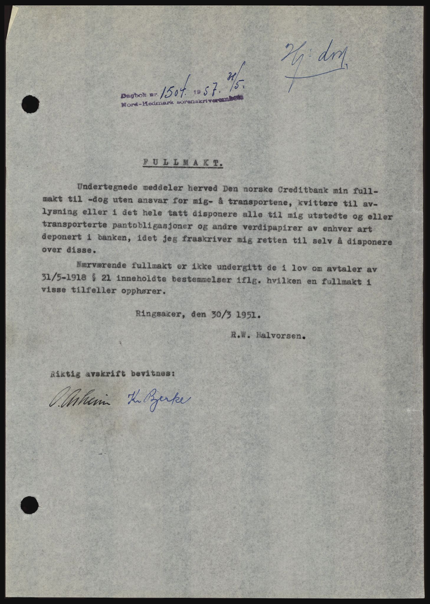 Nord-Hedmark sorenskriveri, SAH/TING-012/H/Hc/L0011: Pantebok nr. 11, 1956-1957, Dagboknr: 1504/1957