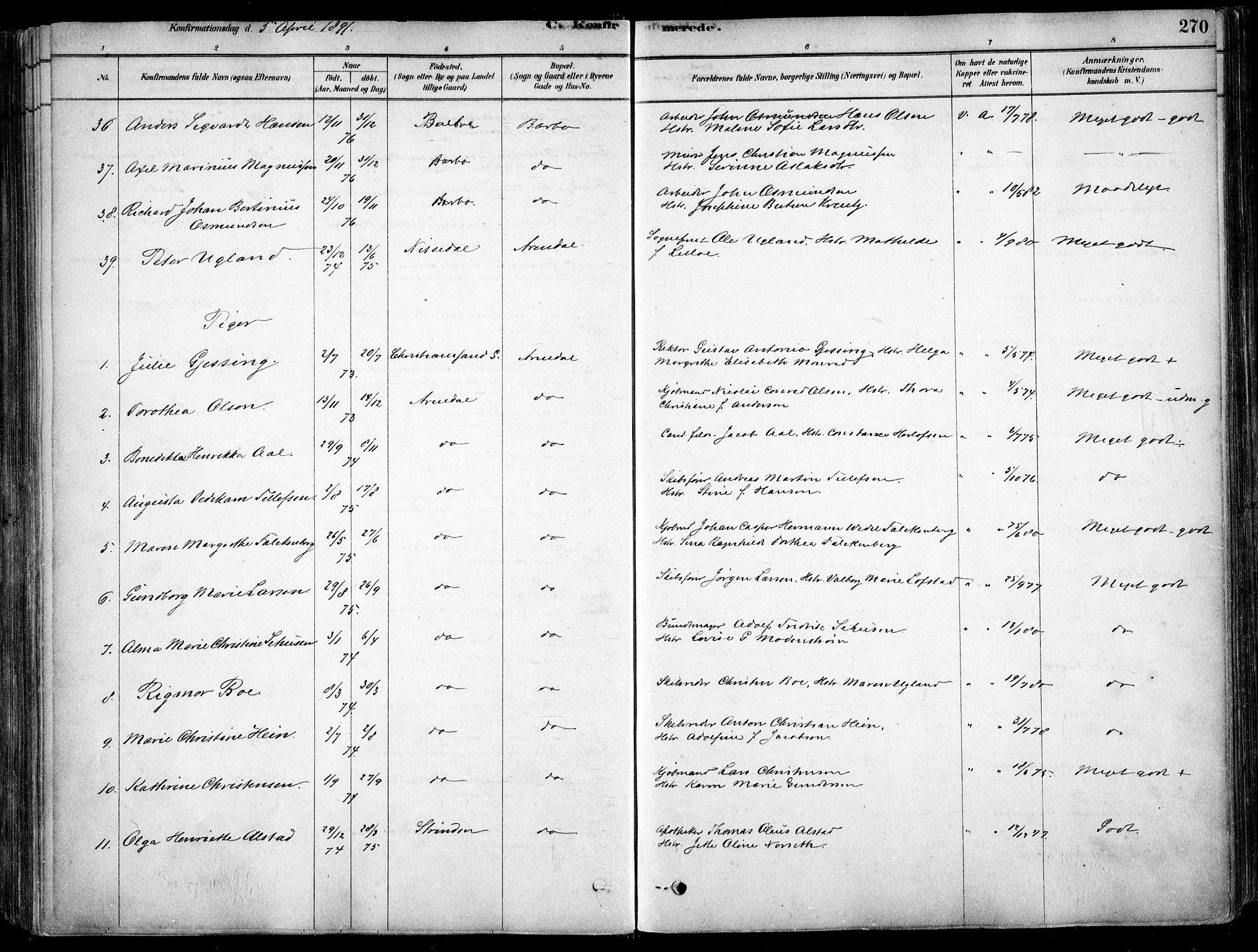 Arendal sokneprestkontor, Trefoldighet, AV/SAK-1111-0040/F/Fa/L0008: Ministerialbok nr. A 8, 1878-1899, s. 270