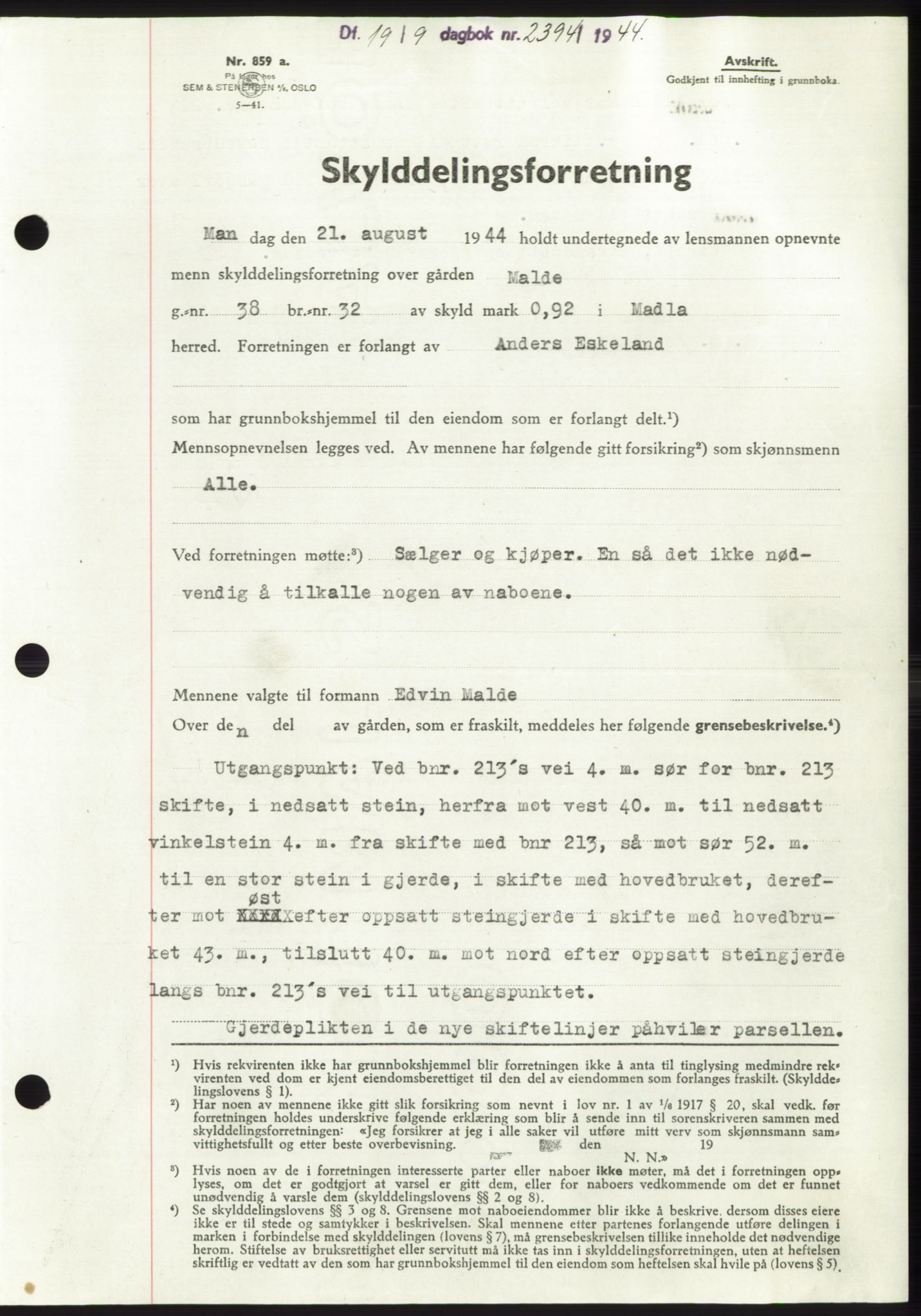 Jæren sorenskriveri, SAST/A-100310/03/G/Gba/L0087: Pantebok, 1944-1945, Dagboknr: 2394/1944