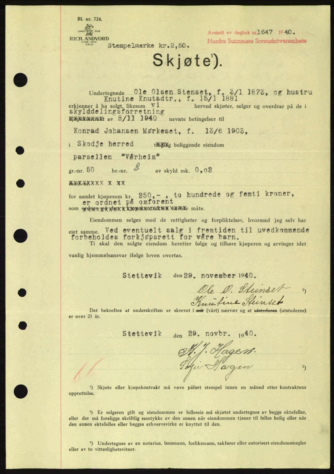 Nordre Sunnmøre sorenskriveri, AV/SAT-A-0006/1/2/2C/2Ca: Pantebok nr. A10, 1940-1941, Dagboknr: 1647/1940