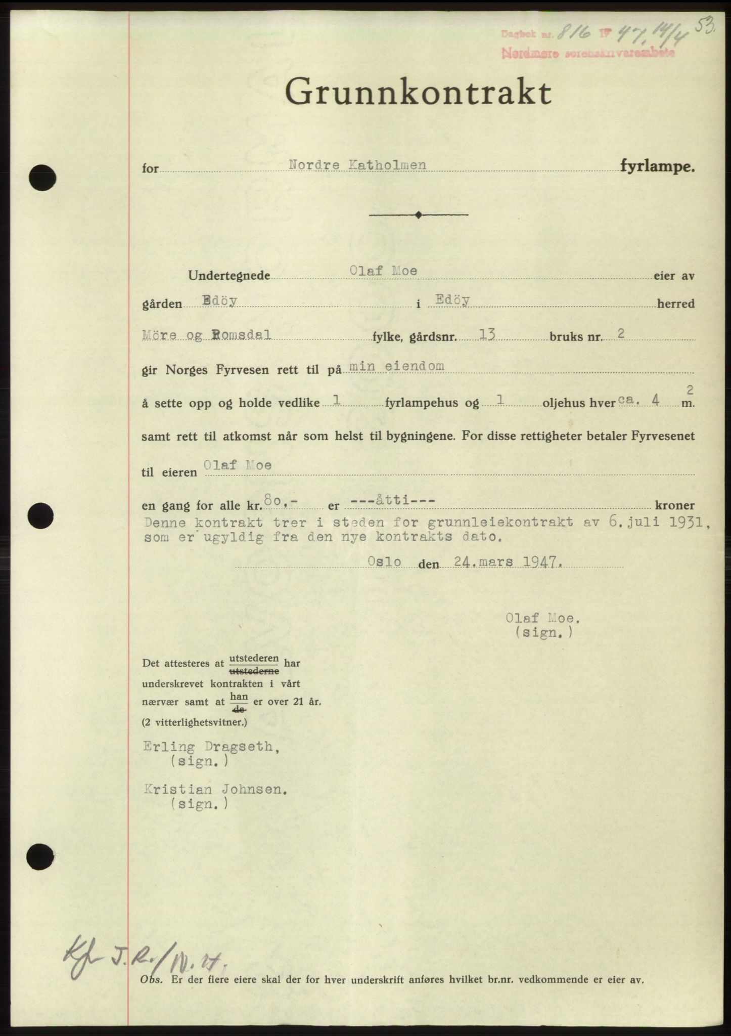 Nordmøre sorenskriveri, SAT/A-4132/1/2/2Ca: Pantebok nr. B96, 1947-1947, Dagboknr: 816/1947