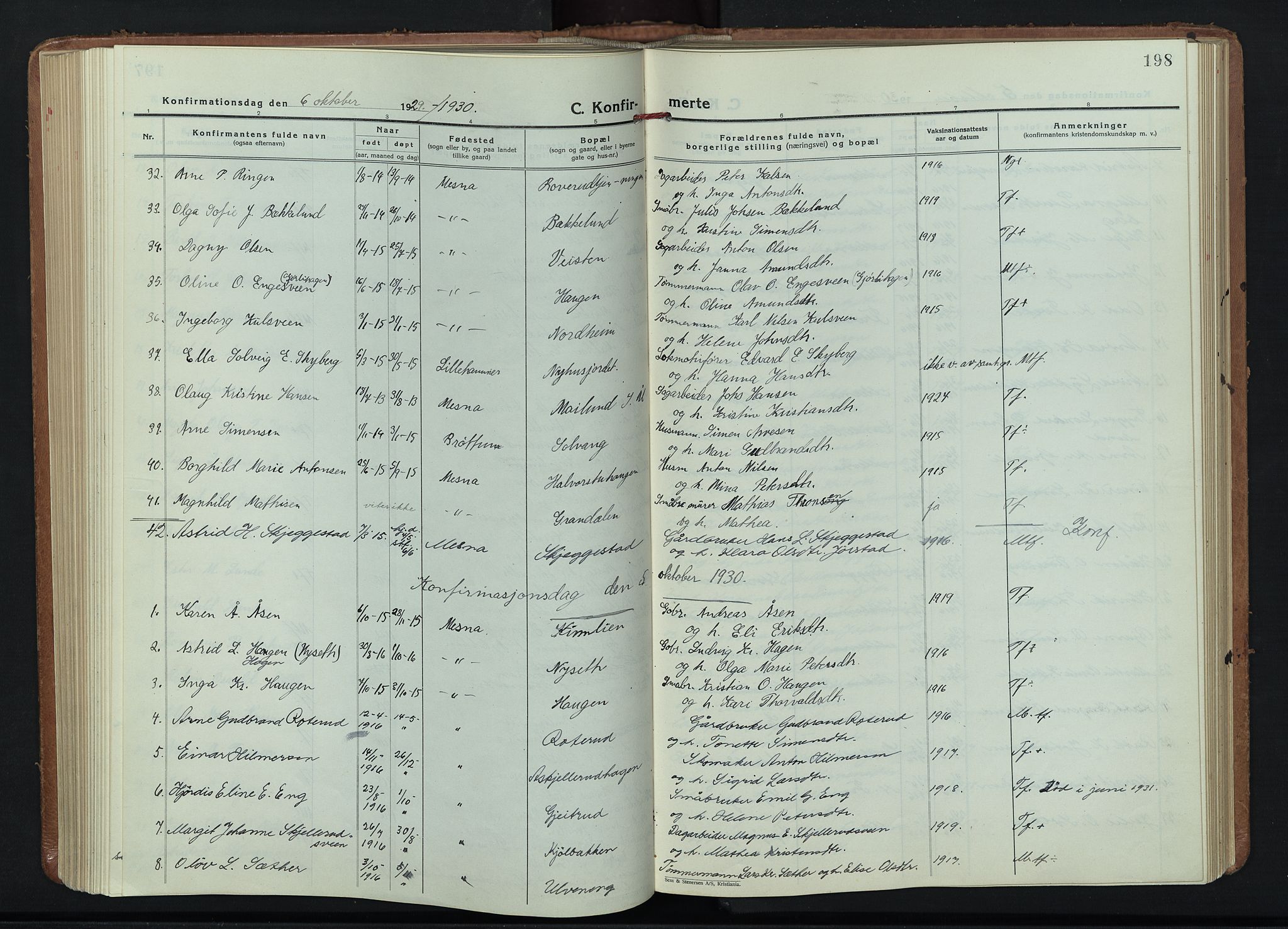 Fåberg prestekontor, AV/SAH-PREST-086/H/Ha/Hab/L0015: Klokkerbok nr. 15, 1924-1949, s. 198