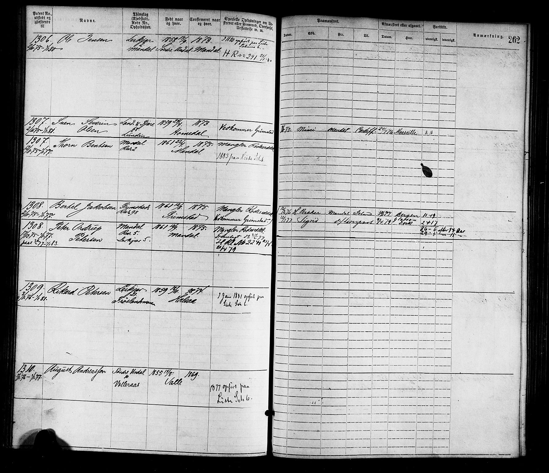 Mandal mønstringskrets, SAK/2031-0016/F/Fa/L0001: Annotasjonsrulle nr 1-1920 med register, L-3, 1869-1881, s. 297