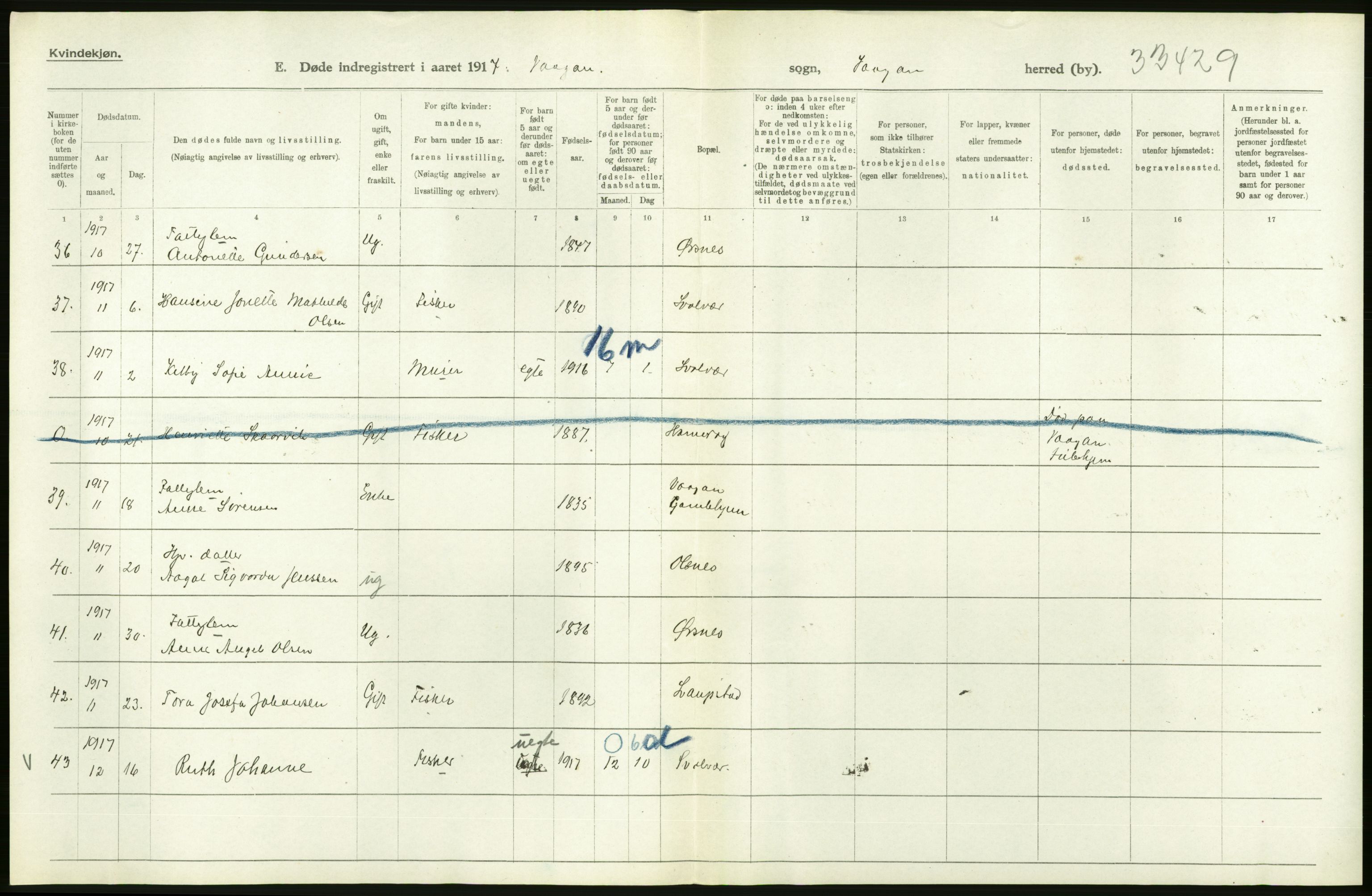 Statistisk sentralbyrå, Sosiodemografiske emner, Befolkning, RA/S-2228/D/Df/Dfb/Dfbg/L0052: Nordlands amt: Døde. Bygder og byer., 1917, s. 40