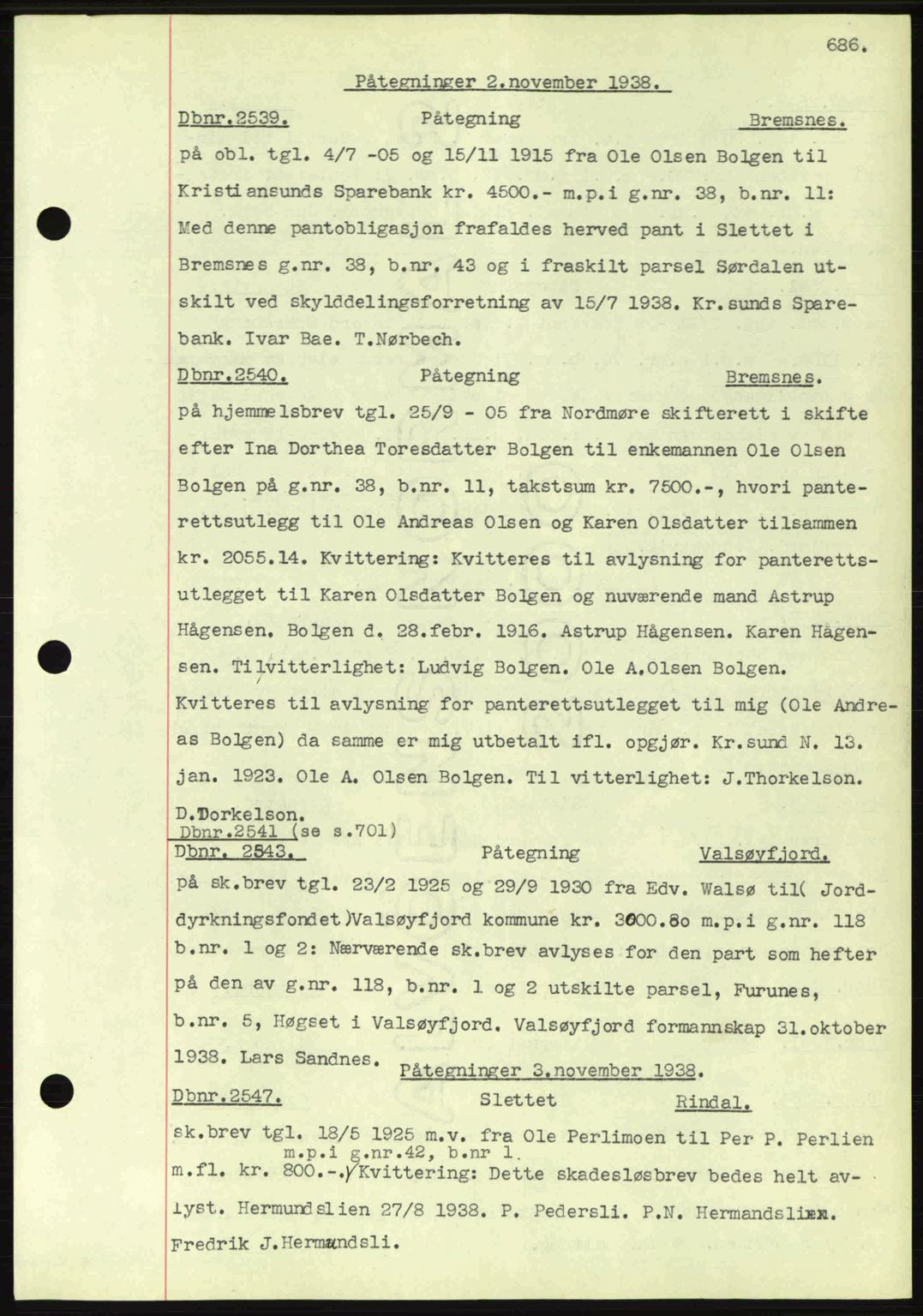 Nordmøre sorenskriveri, SAT/A-4132/1/2/2Ca: Pantebok nr. C80, 1936-1939, Dagboknr: 2539/1938