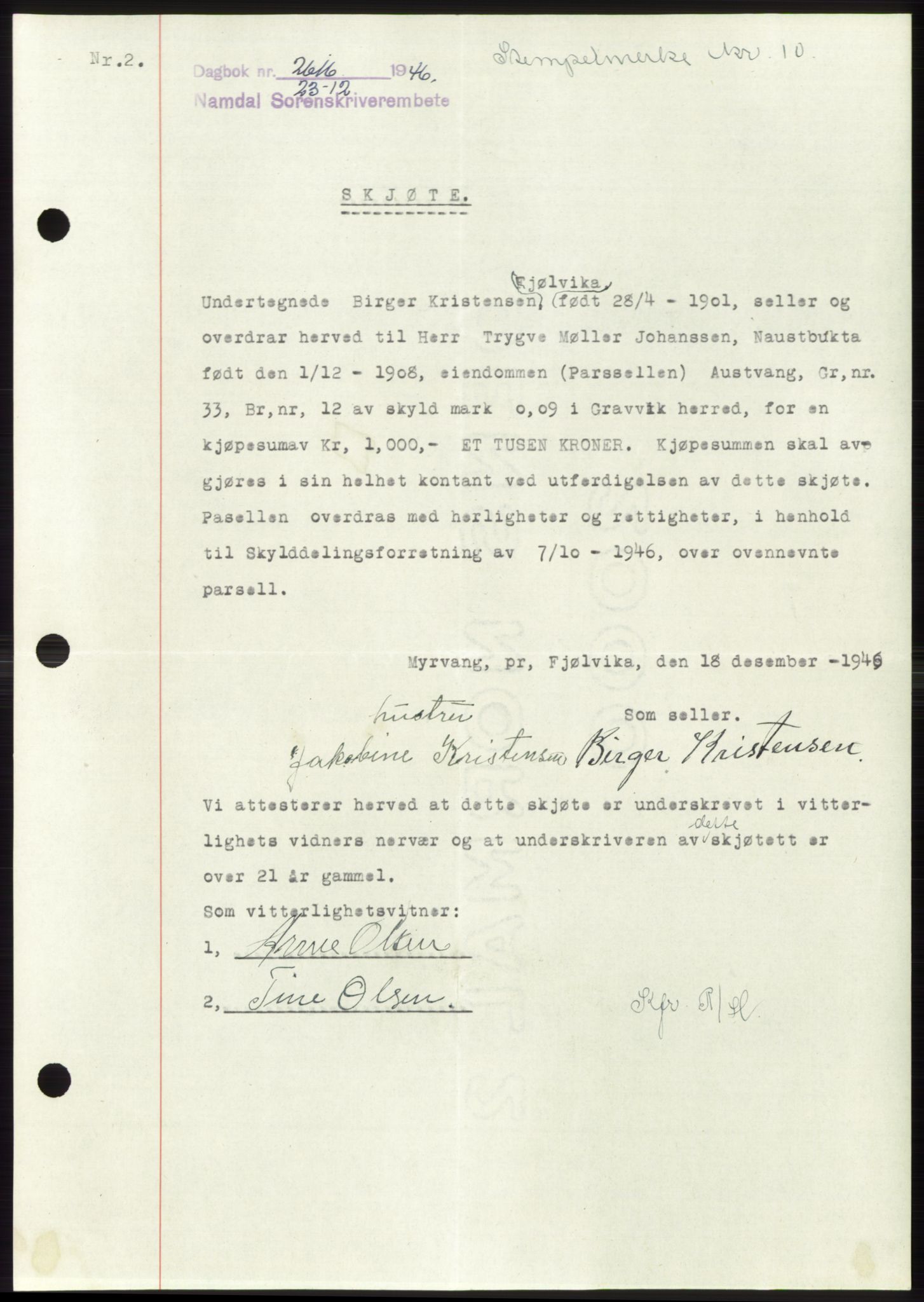 Namdal sorenskriveri, SAT/A-4133/1/2/2C: Pantebok nr. -, 1946-1947, Dagboknr: 2616/1946