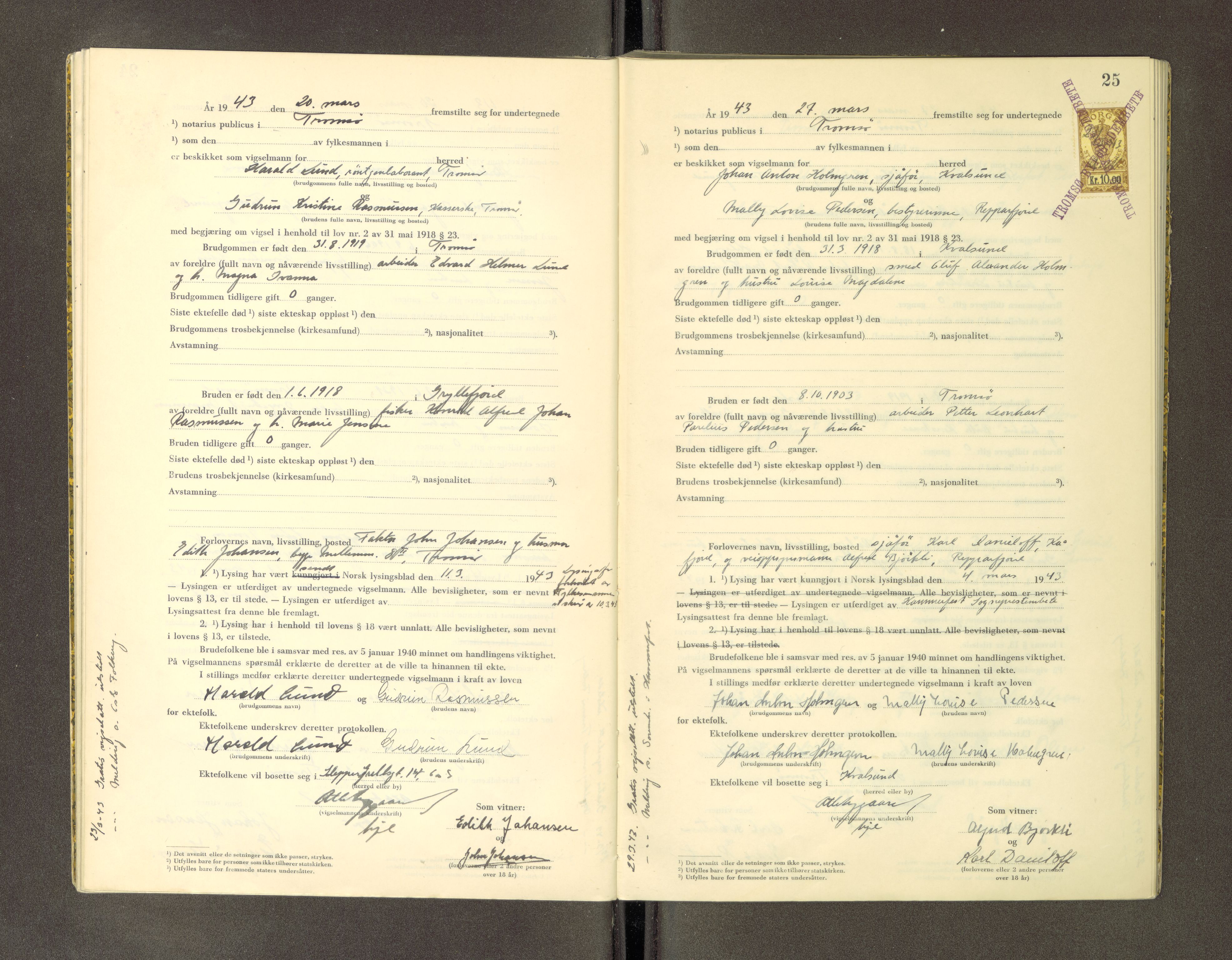 Tromsø byfogd/byrett, AV/SATØ-SATØ-0063/1/Ob/Obc/L0986: Vigselsbok, 1942-1945, s. 25