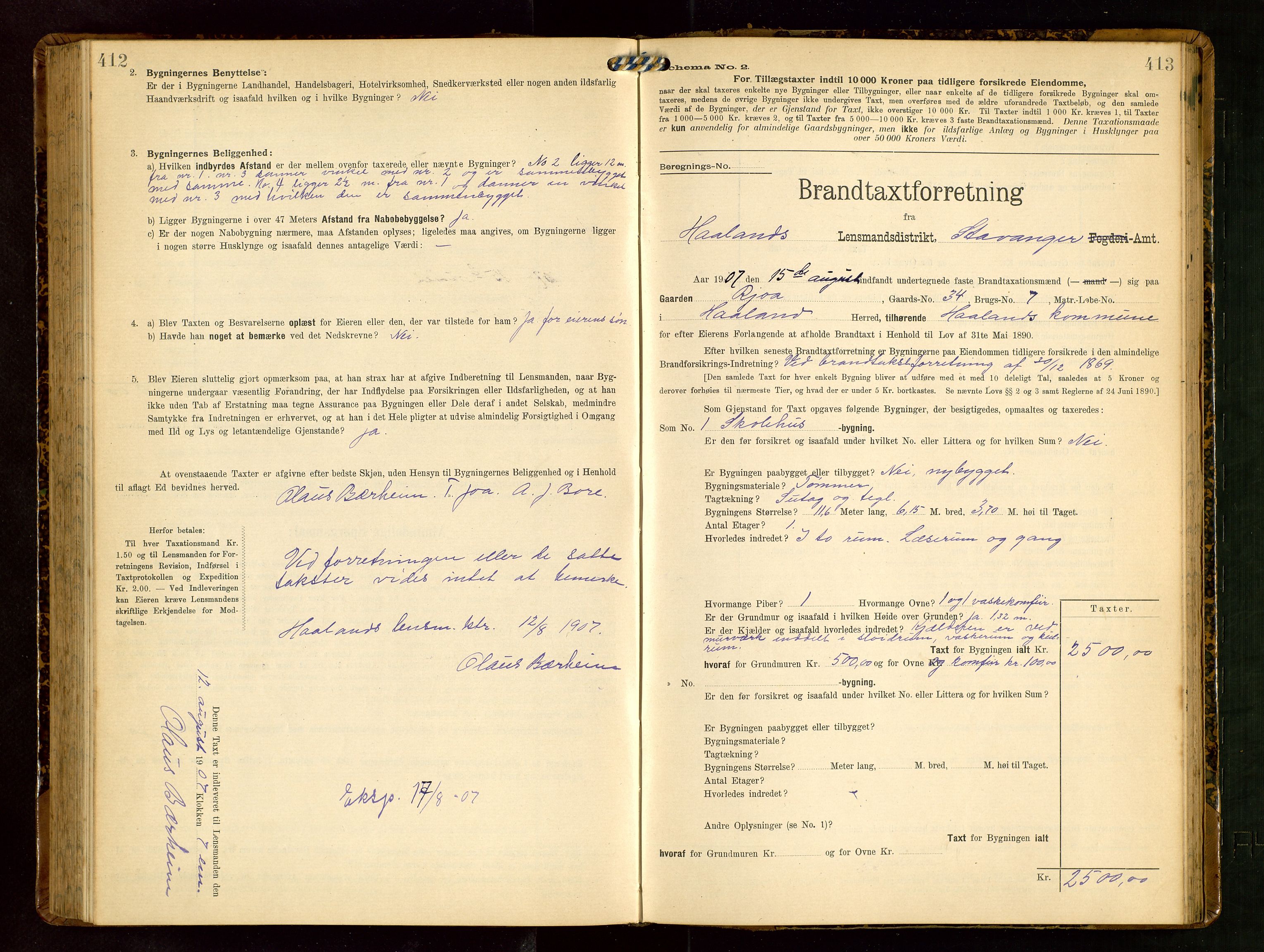 Håland lensmannskontor, AV/SAST-A-100100/Gob/L0003: Branntakstprotokoll - skjematakst. Register i boken., 1909-1910, s. 412-413