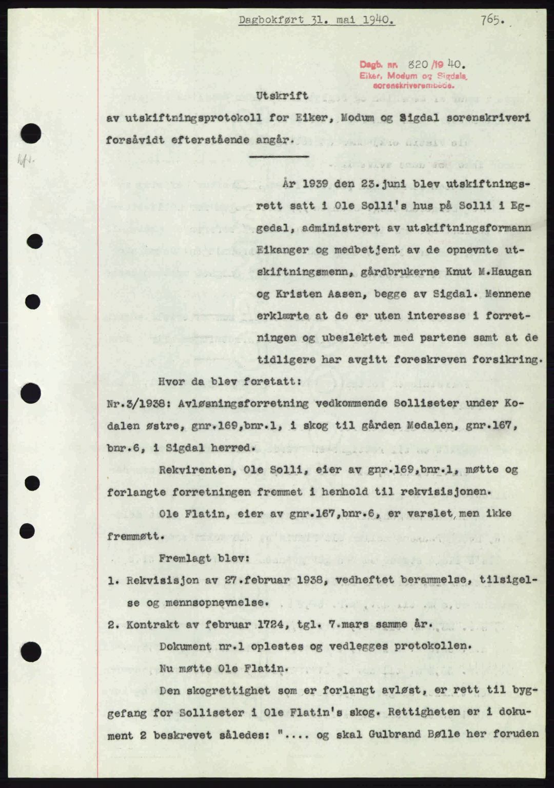 Eiker, Modum og Sigdal sorenskriveri, SAKO/A-123/G/Ga/Gab/L0041: Pantebok nr. A11, 1939-1940, Dagboknr: 820/1940