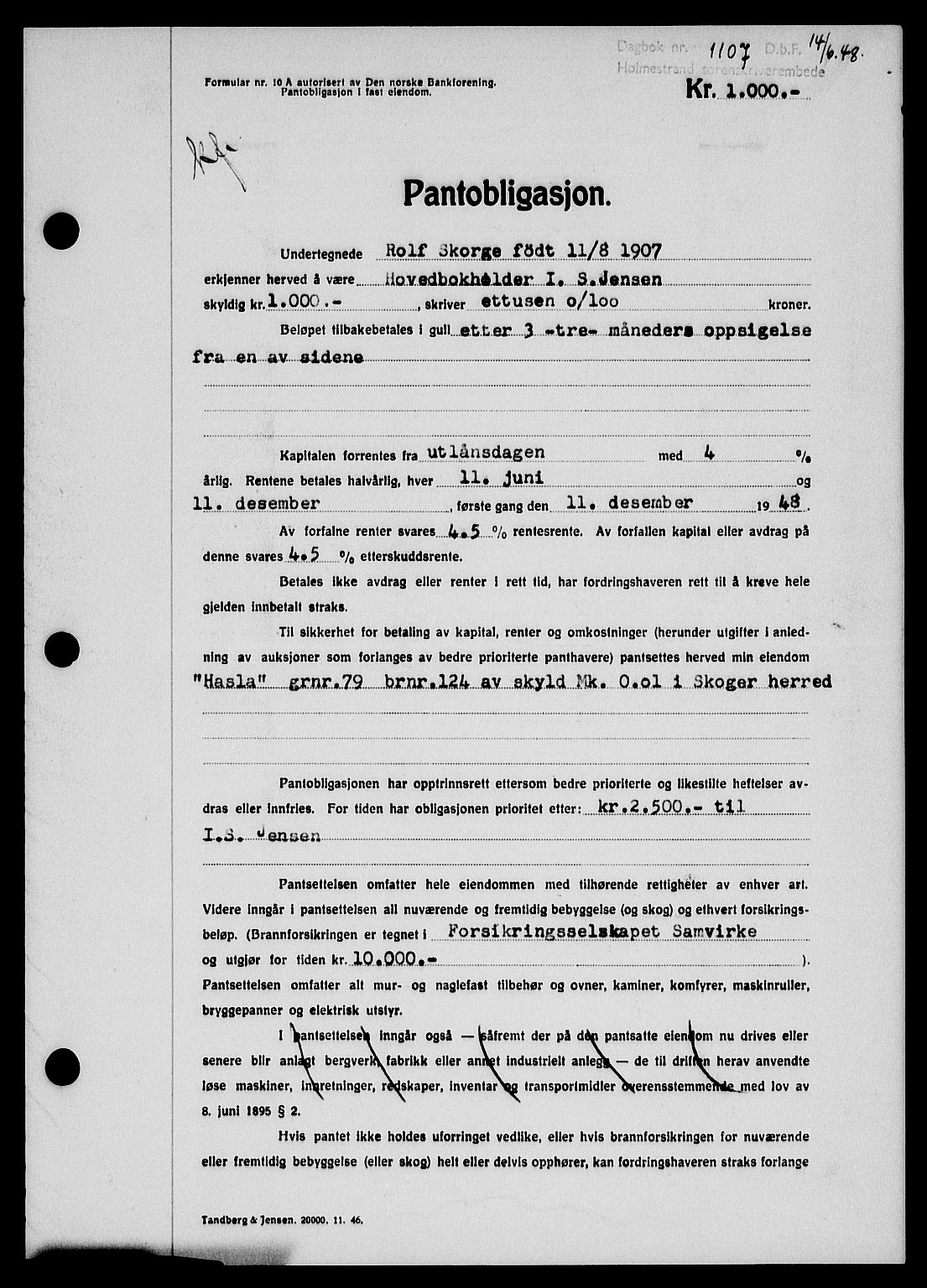 Holmestrand sorenskriveri, SAKO/A-67/G/Ga/Gab/L0058: Pantebok nr. B-58, 1947-1948, Dagboknr: 1107/1948