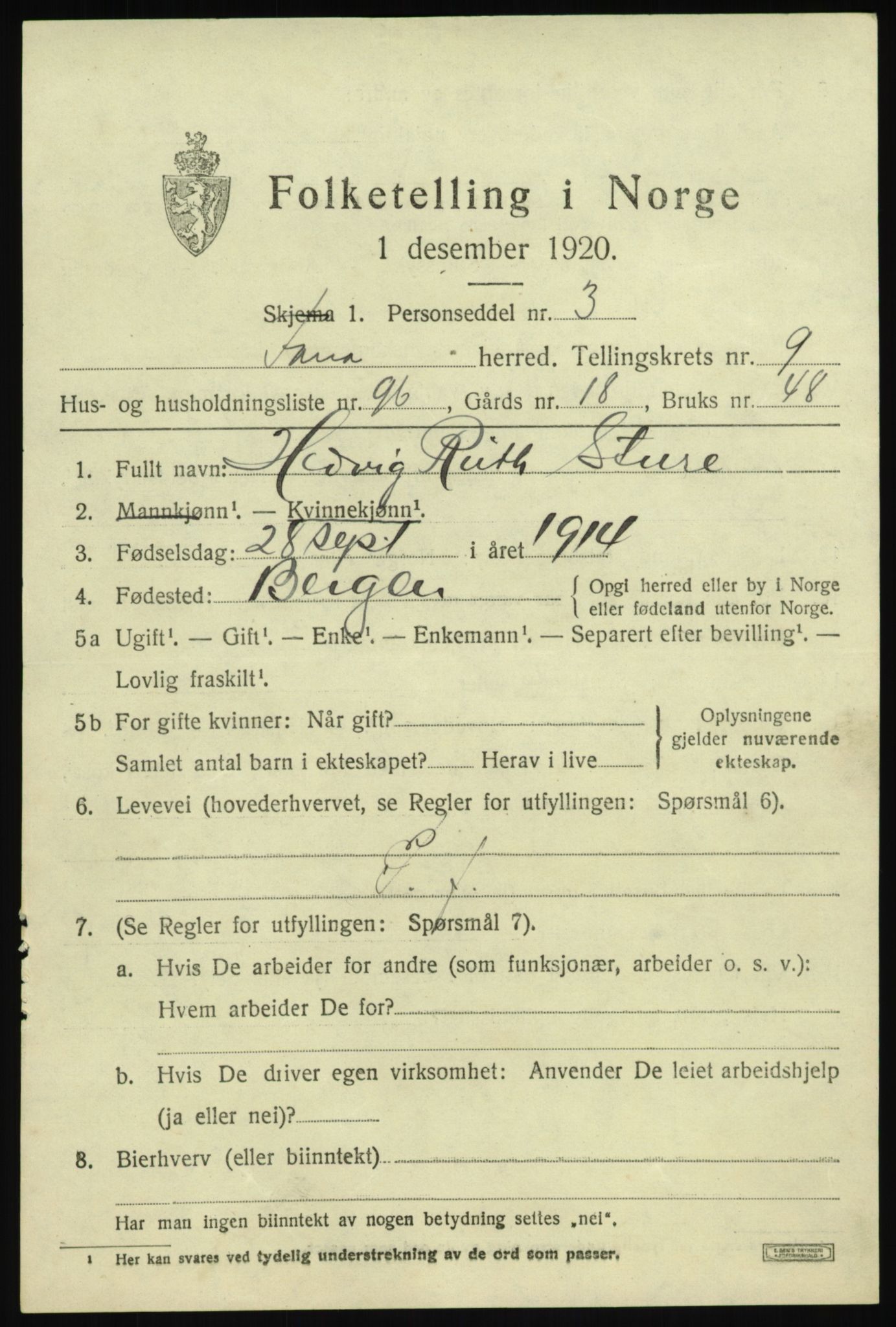 SAB, Folketelling 1920 for 1249 Fana herred, 1920, s. 16581