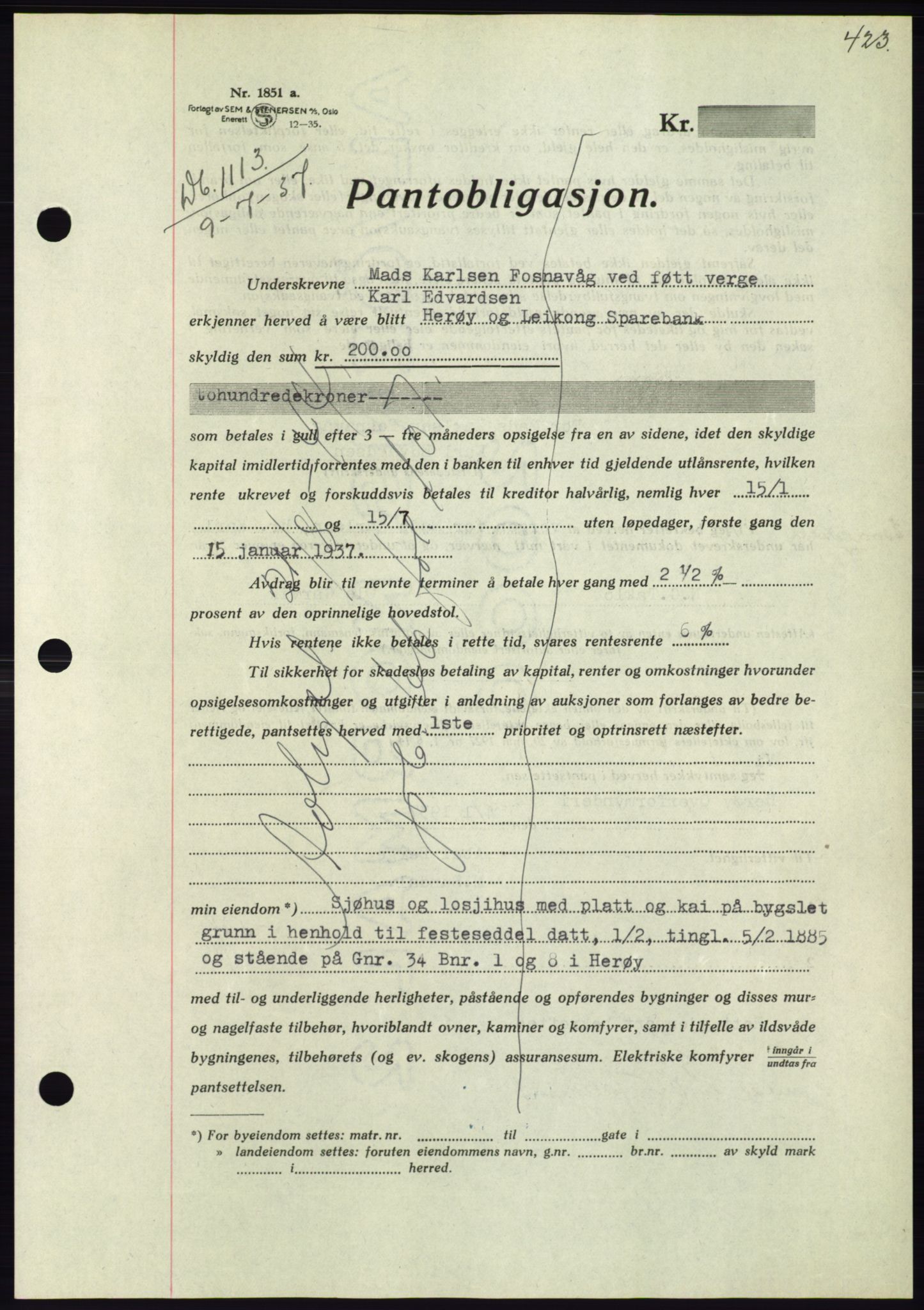 Søre Sunnmøre sorenskriveri, AV/SAT-A-4122/1/2/2C/L0063: Pantebok nr. 57, 1937-1937, Dagboknr: 1113/1937