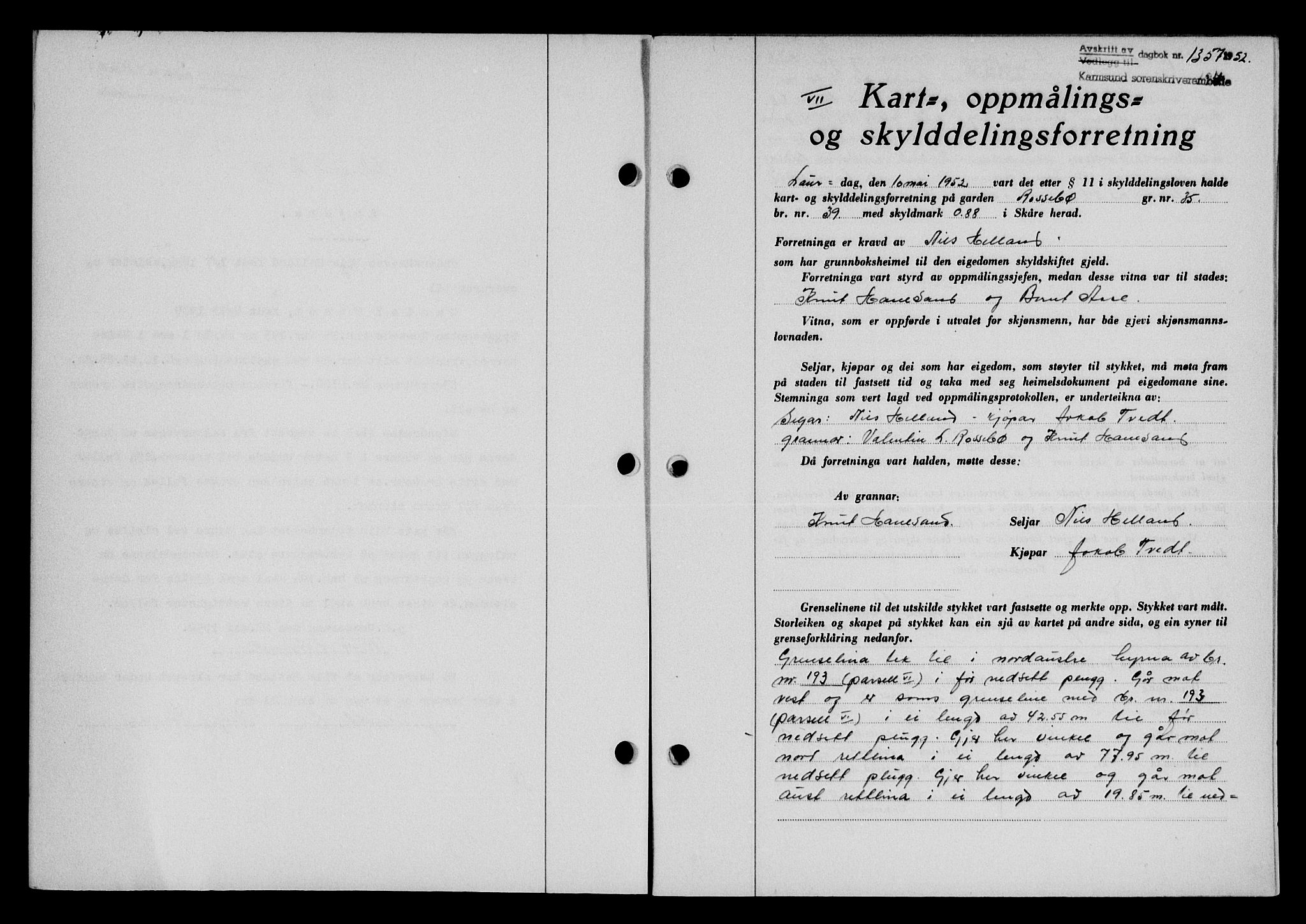 Karmsund sorenskriveri, SAST/A-100311/01/II/IIB/L0105: Pantebok nr. 85A, 1952-1952, Dagboknr: 1357/1952