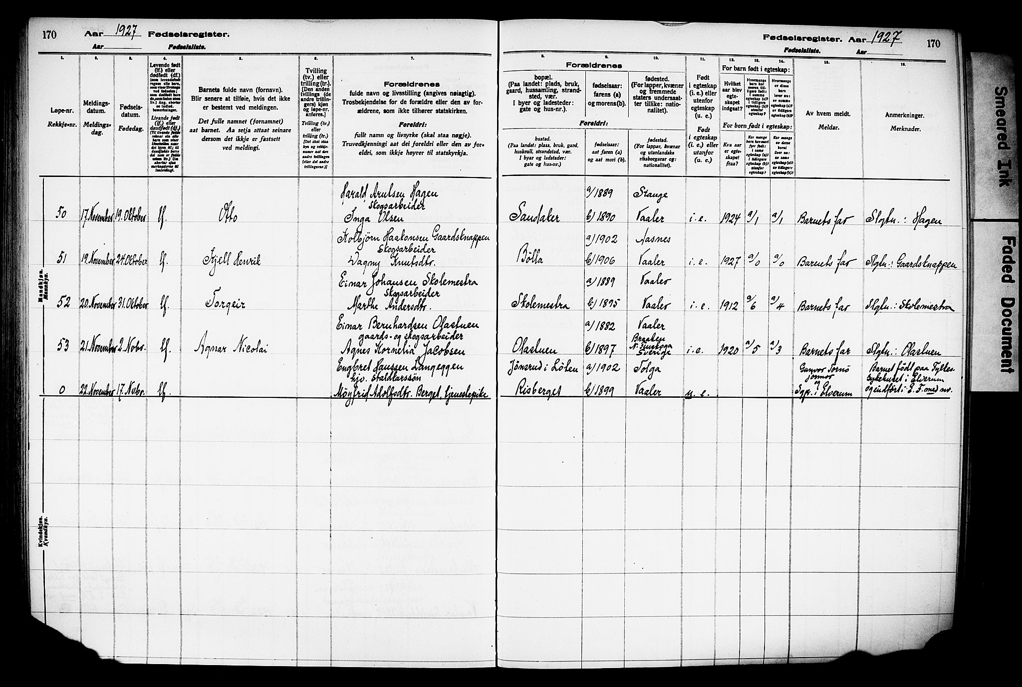 Våler prestekontor, Hedmark, AV/SAH-PREST-040/I/Id/L0001: Fødselsregister nr. 1, 1916-1930, s. 170