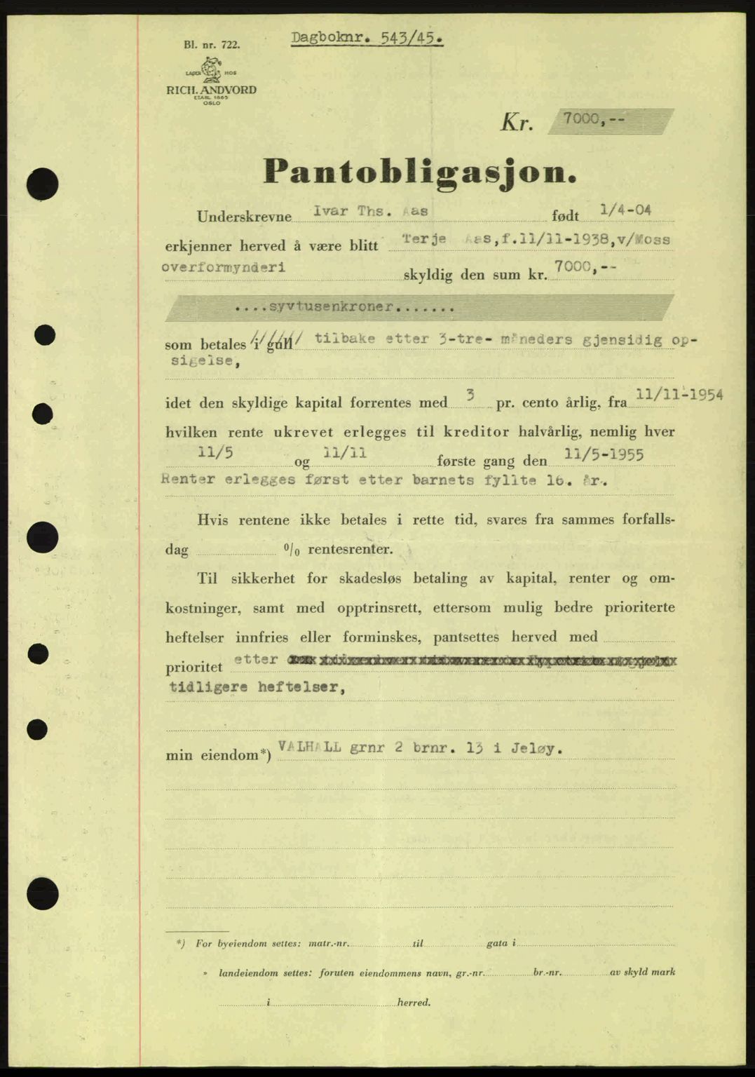 Moss sorenskriveri, SAO/A-10168: Pantebok nr. B13, 1943-1945, Dagboknr: 543/1945