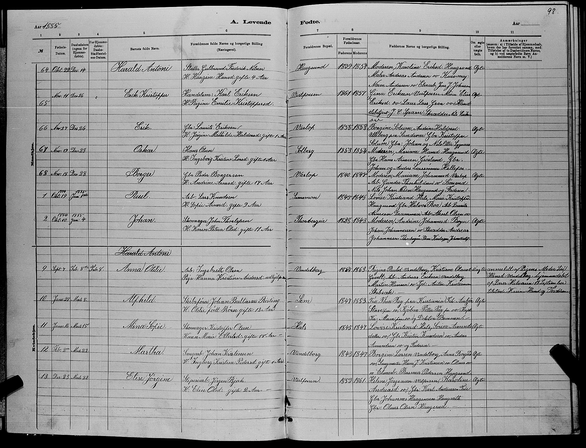 Eiker kirkebøker, AV/SAKO-A-4/G/Ga/L0005: Klokkerbok nr. I 5, 1878-1887, s. 98