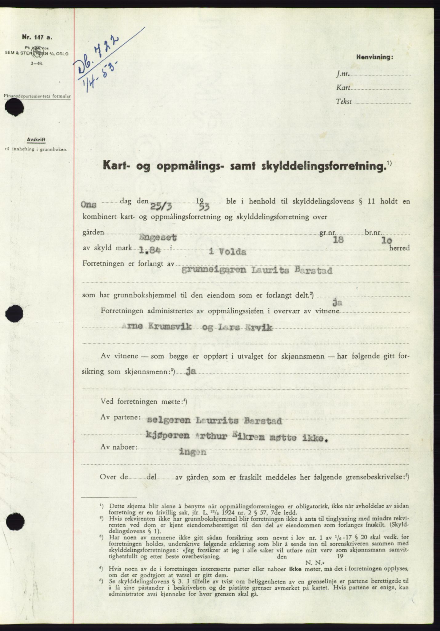 Søre Sunnmøre sorenskriveri, SAT/A-4122/1/2/2C/L0094: Pantebok nr. 20A, 1953-1953, Dagboknr: 722/1953