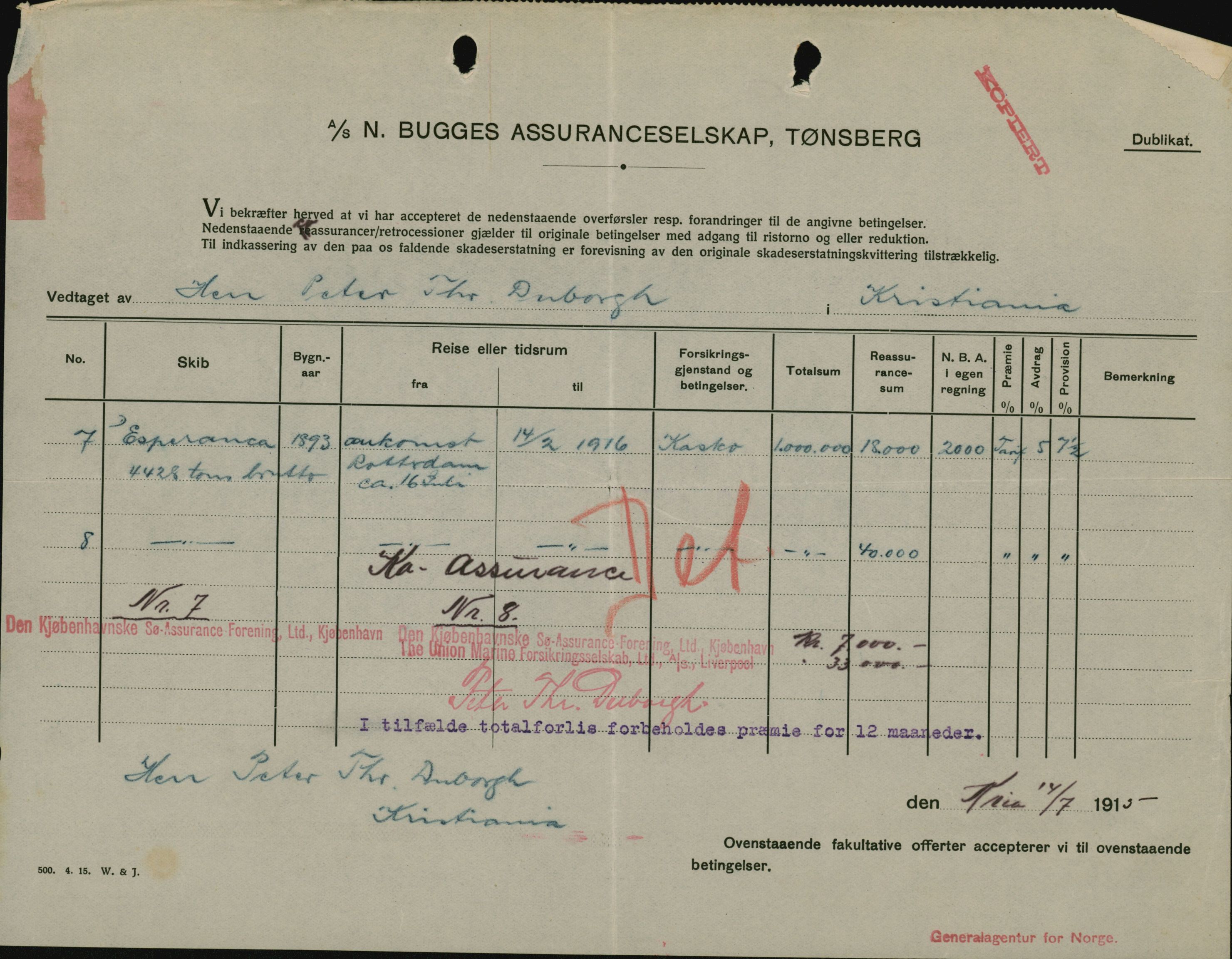 Pa 664 - Tønsberg Sjøforsikringsselskap, VEMU/A-1773/F/L0001: Forsikringspoliser, 1915-1918