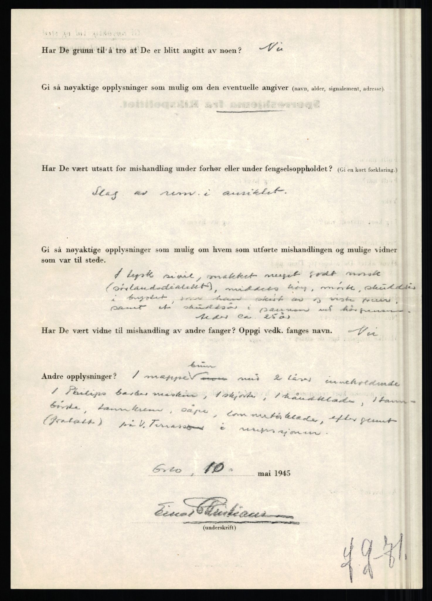 Rikspolitisjefen, AV/RA-S-1560/L/L0009: Karlsen, Aksel Emanuel - Kristiansen, Øivind Vetre, 1940-1945, s. 1010