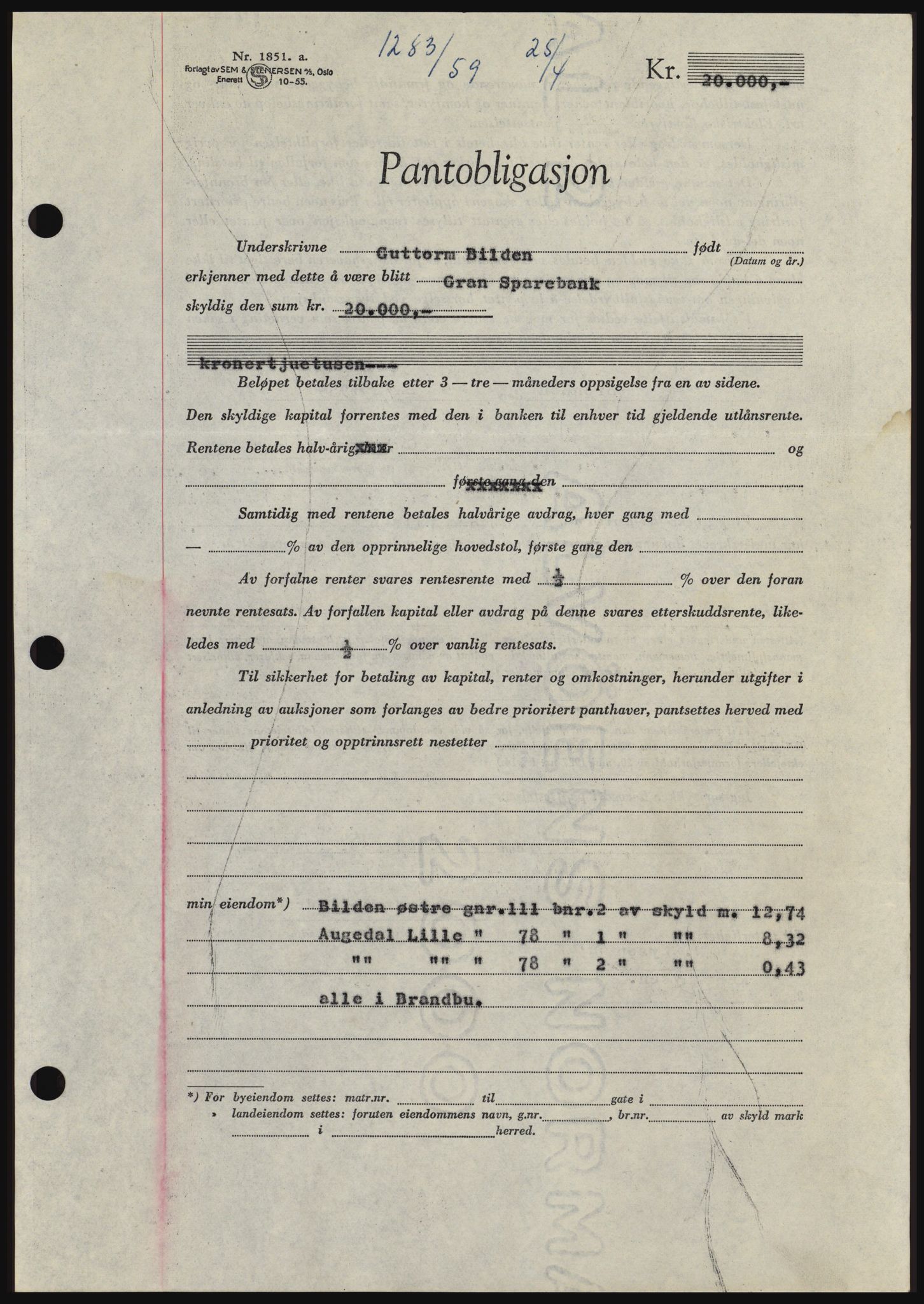 Hadeland og Land tingrett, SAH/TING-010/H/Hb/Hbc/L0040: Pantebok nr. B40, 1959-1959, Dagboknr: 1283/1959