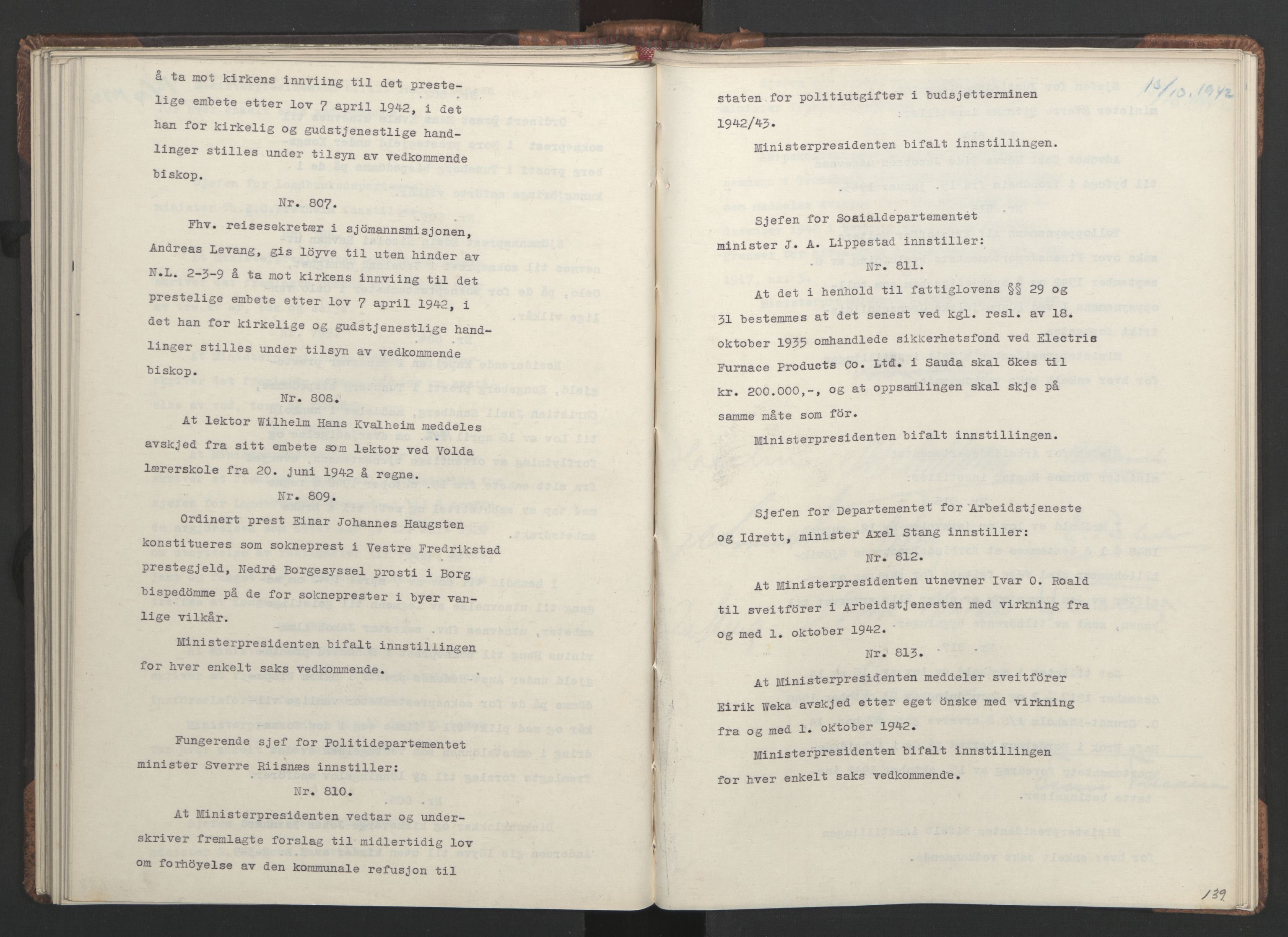 NS-administrasjonen 1940-1945 (Statsrådsekretariatet, de kommisariske statsråder mm), RA/S-4279/D/Da/L0001: Beslutninger og tillegg (1-952 og 1-32), 1942, s. 142