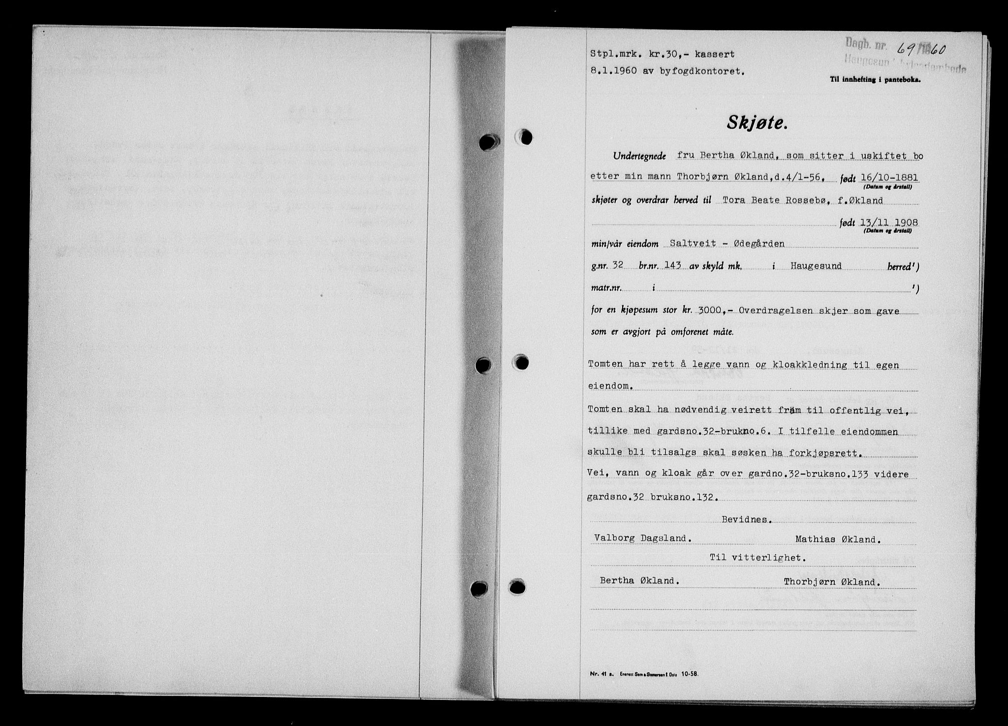 Haugesund tingrett, SAST/A-101415/01/II/IIC/L0070: Pantebok nr. A 11, 1959-1960, Dagboknr: 69/1960