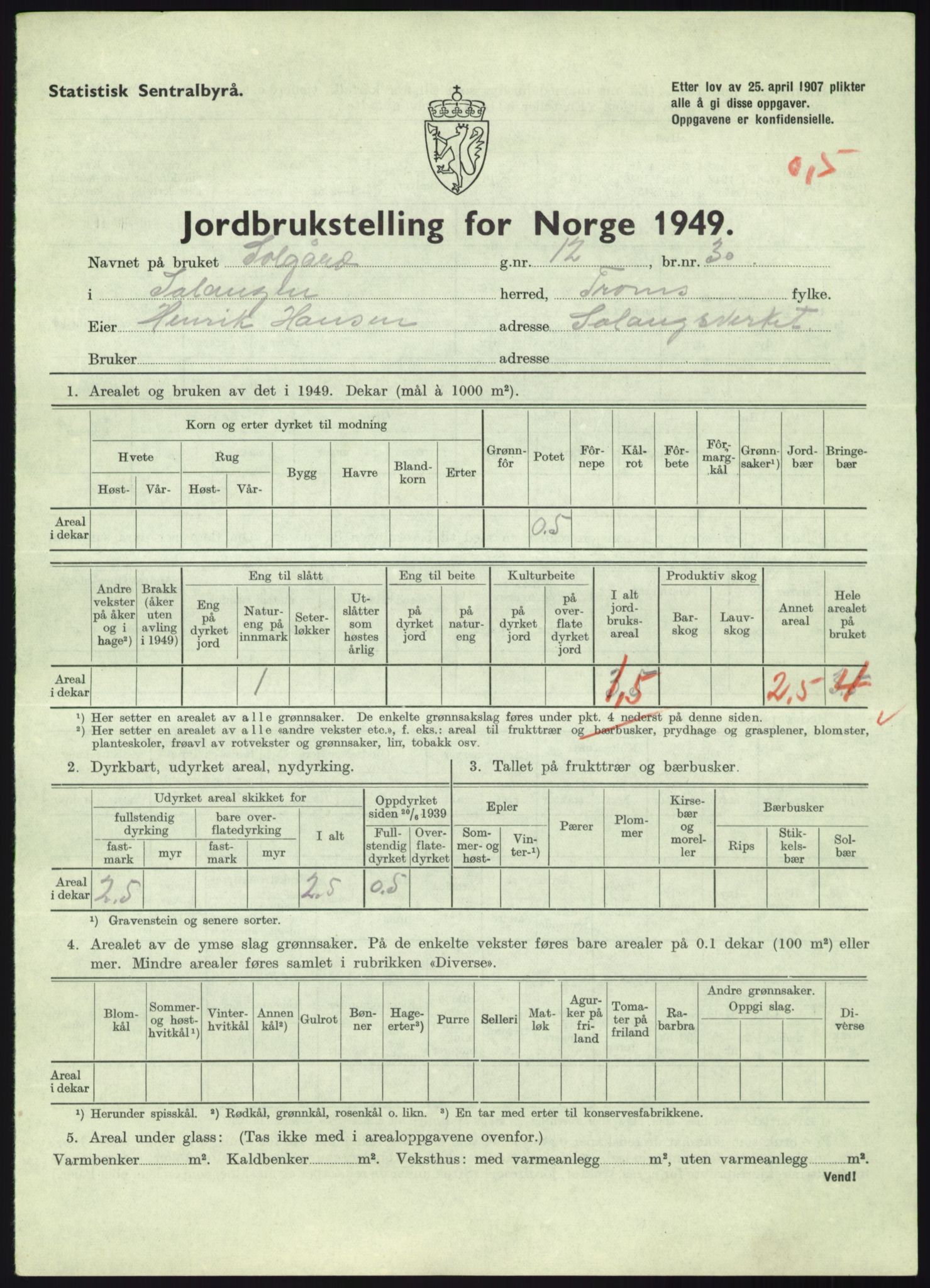 Statistisk sentralbyrå, Næringsøkonomiske emner, Jordbruk, skogbruk, jakt, fiske og fangst, AV/RA-S-2234/G/Gc/L0438: Troms: Salangen og Bardu, 1949, s. 44