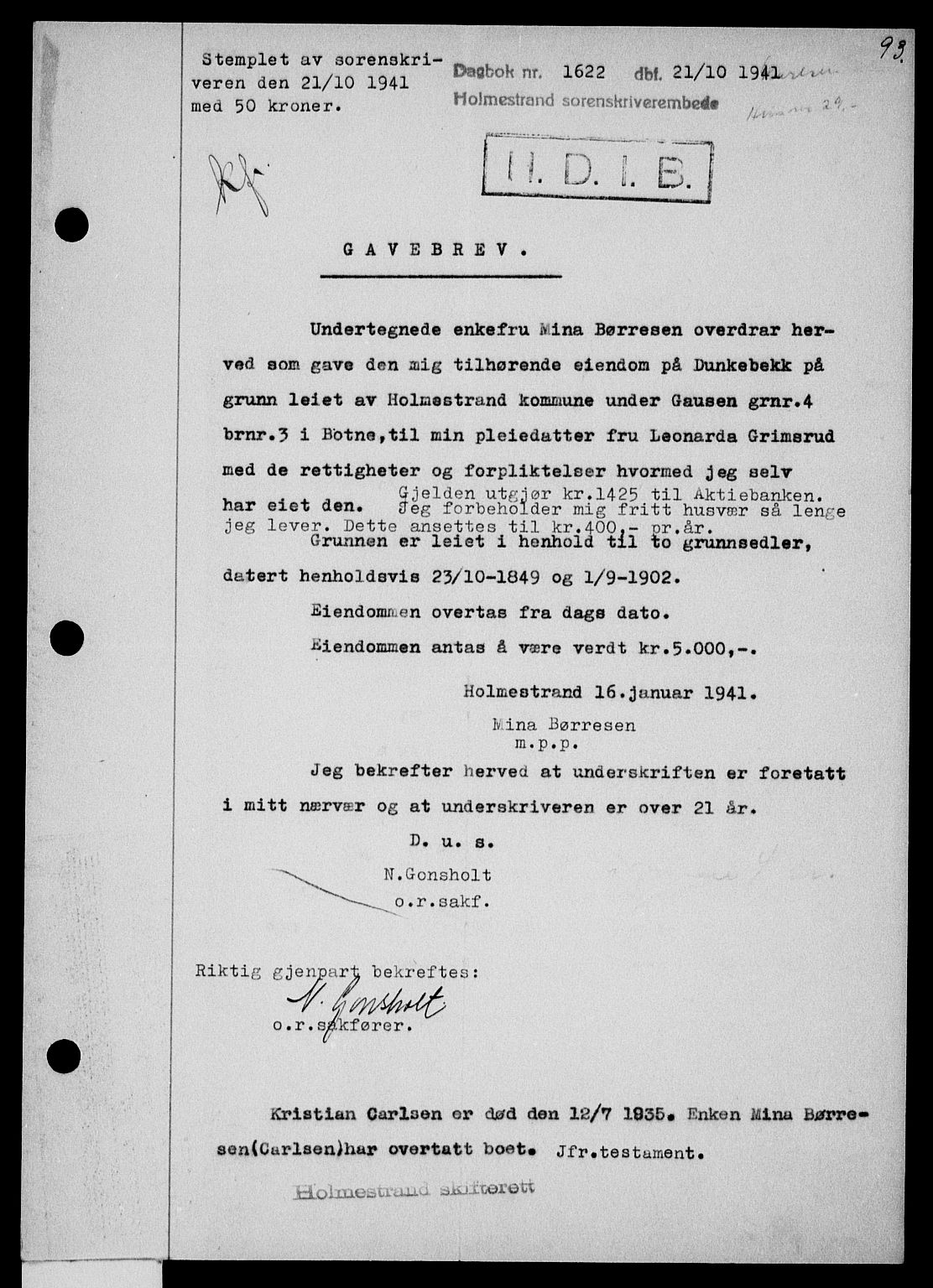 Holmestrand sorenskriveri, SAKO/A-67/G/Ga/Gaa/L0054: Pantebok nr. A-54, 1941-1942, Dagboknr: 1622/1941