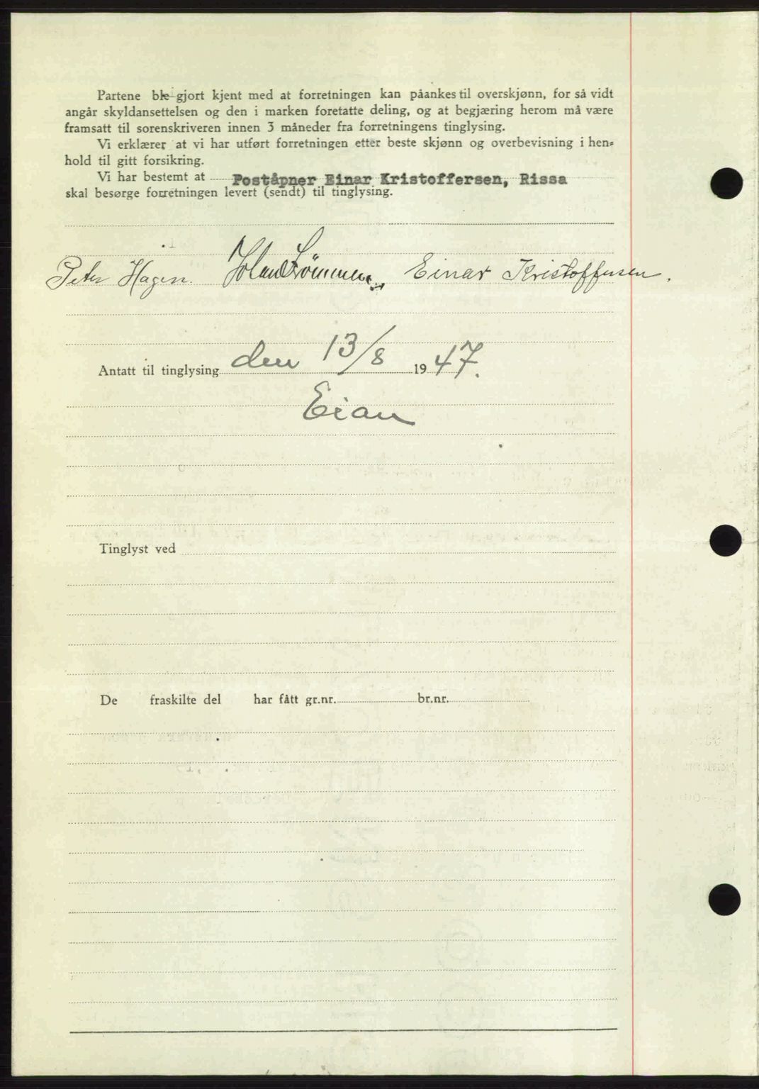 Fosen sorenskriveri, AV/SAT-A-1107/1/2/2C: Pantebok nr. A4-6, 1946-1947, Dagboknr: 1067/1947