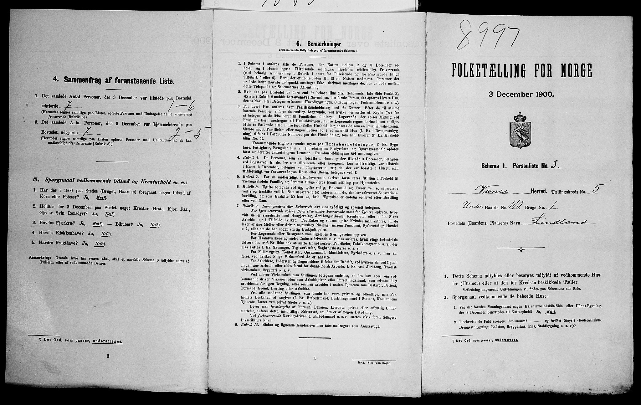 SAK, Folketelling 1900 for 1041 Vanse herred, 1900, s. 935