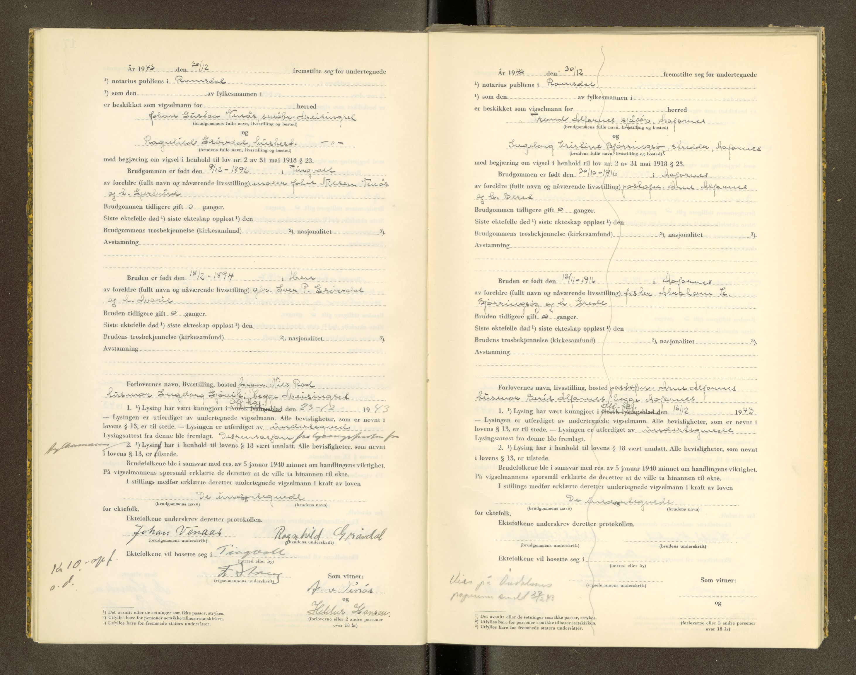 Romsdal sorenskriveri, AV/SAT-A-4149/1/6/6D/L0007: Vigselbok, 1943-1944, s. 18